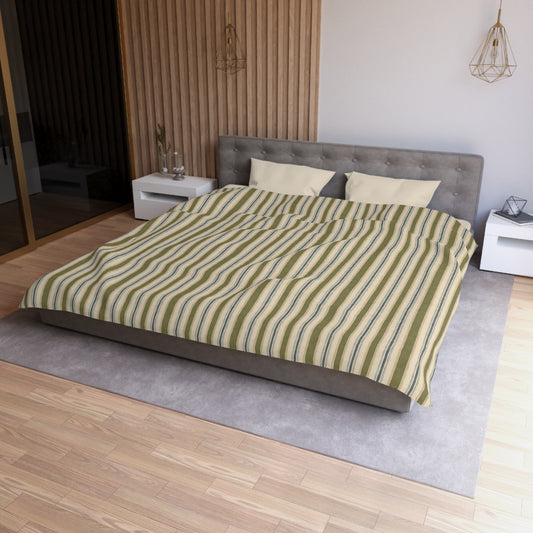 Striped Microfiber Duvet Cover — Soft Neutral Olive & Beige Vertical Stripe Bedding - Creations by Chris and Carlos