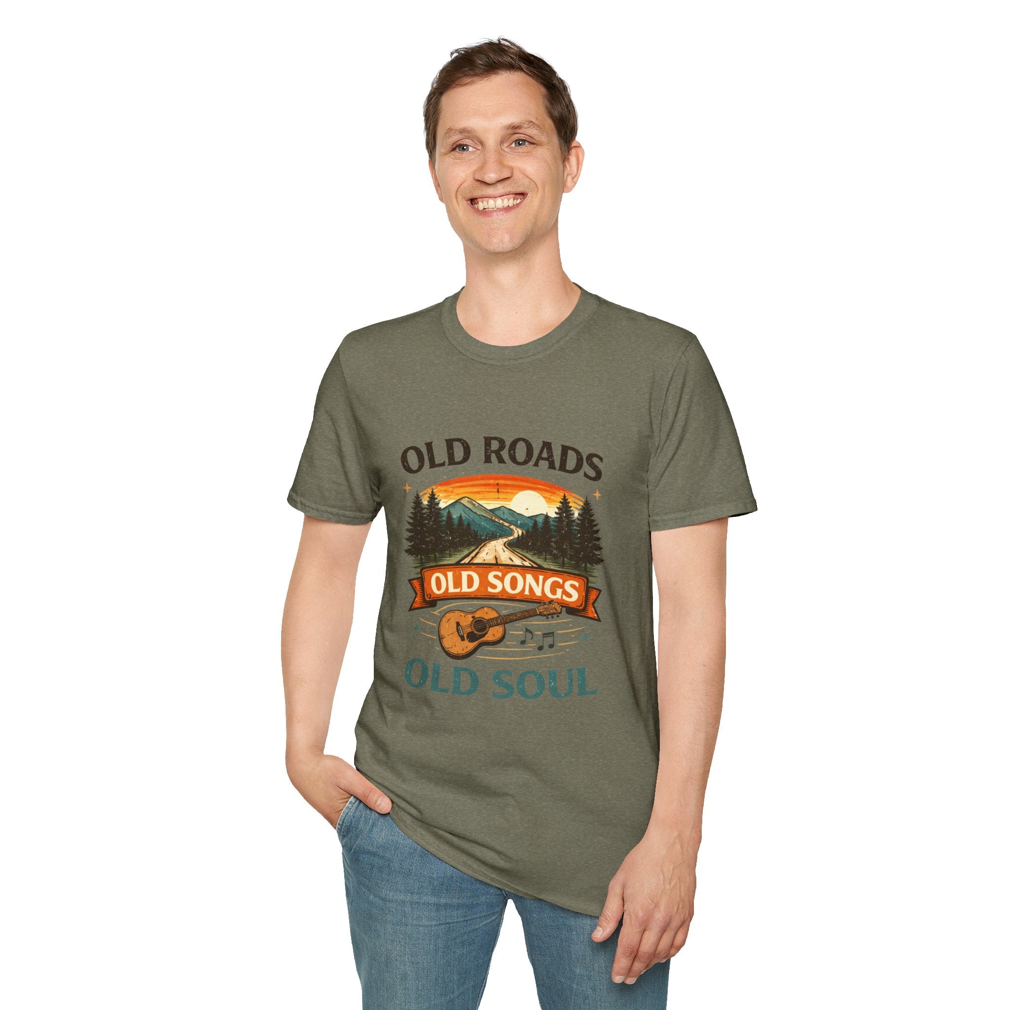 Old Roads Old Songs Old Soul T-Shirt – Vintage Guitar & Mountain Graphic - Creations by Chris and Carlos