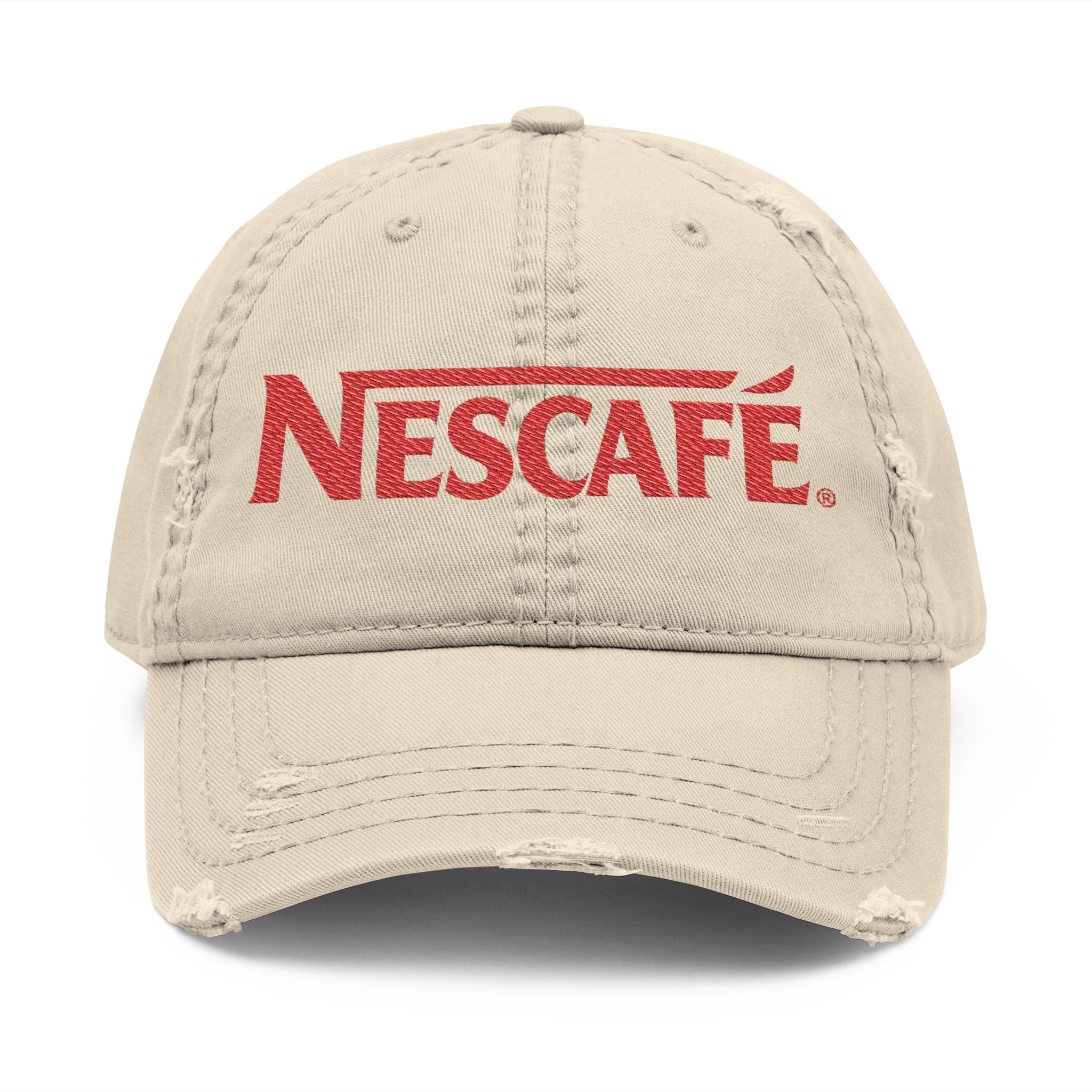 Nescafe Dad Hat — Distressed Embroidered Nescafé Logo - Creations by Chris and Carlos