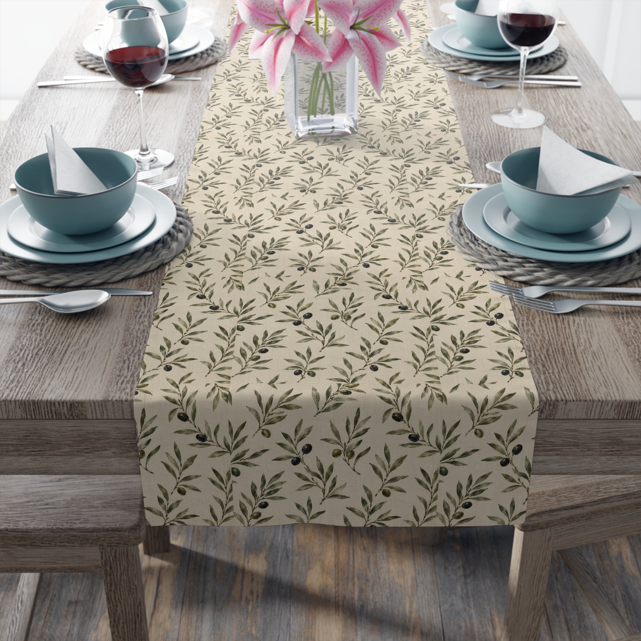 Olive Branch Table Runner — Neutral Botanical Linen-Style Decor - Creations by Chris and Carlos
