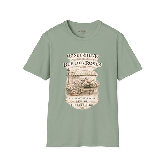 Rue des Roses Floral Market T-Shirt – Honey & Hive Vintage Garden Tee - Creations by Chris and Carlos