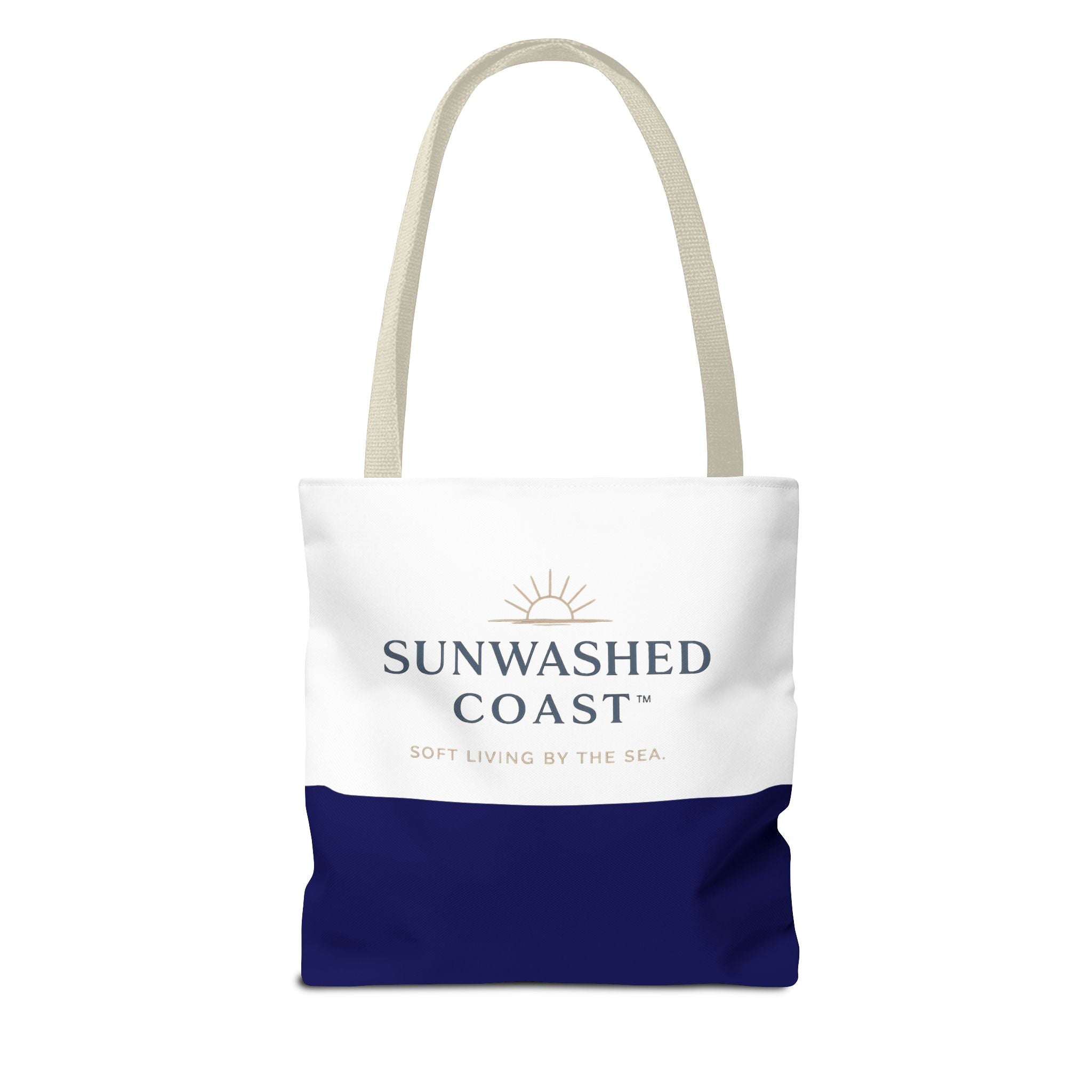 Sunwashed Coast Tote Bag — Coastal Canvas Beach Tote with 'Soft Living by the Sea' Logo - Creations by Chris and Carlos