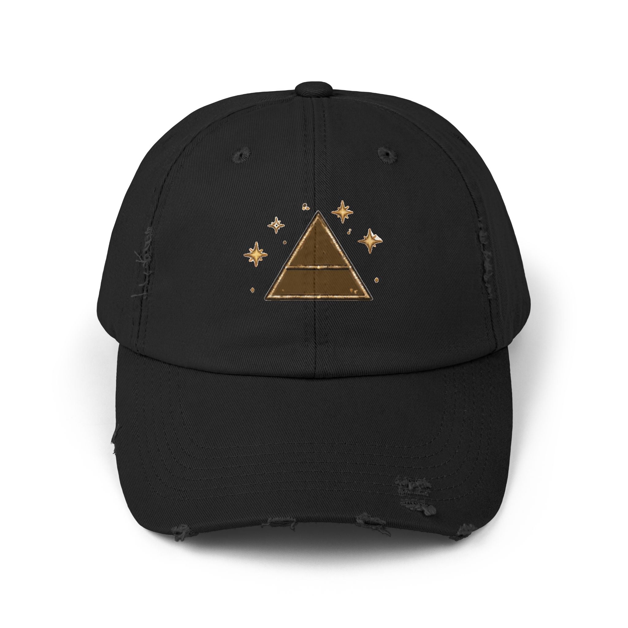 Old Soul Apothecary Distressed Pyramid Cap — Vintage Gold Triangle Embroidered Hat - Creations by Chris and Carlos
