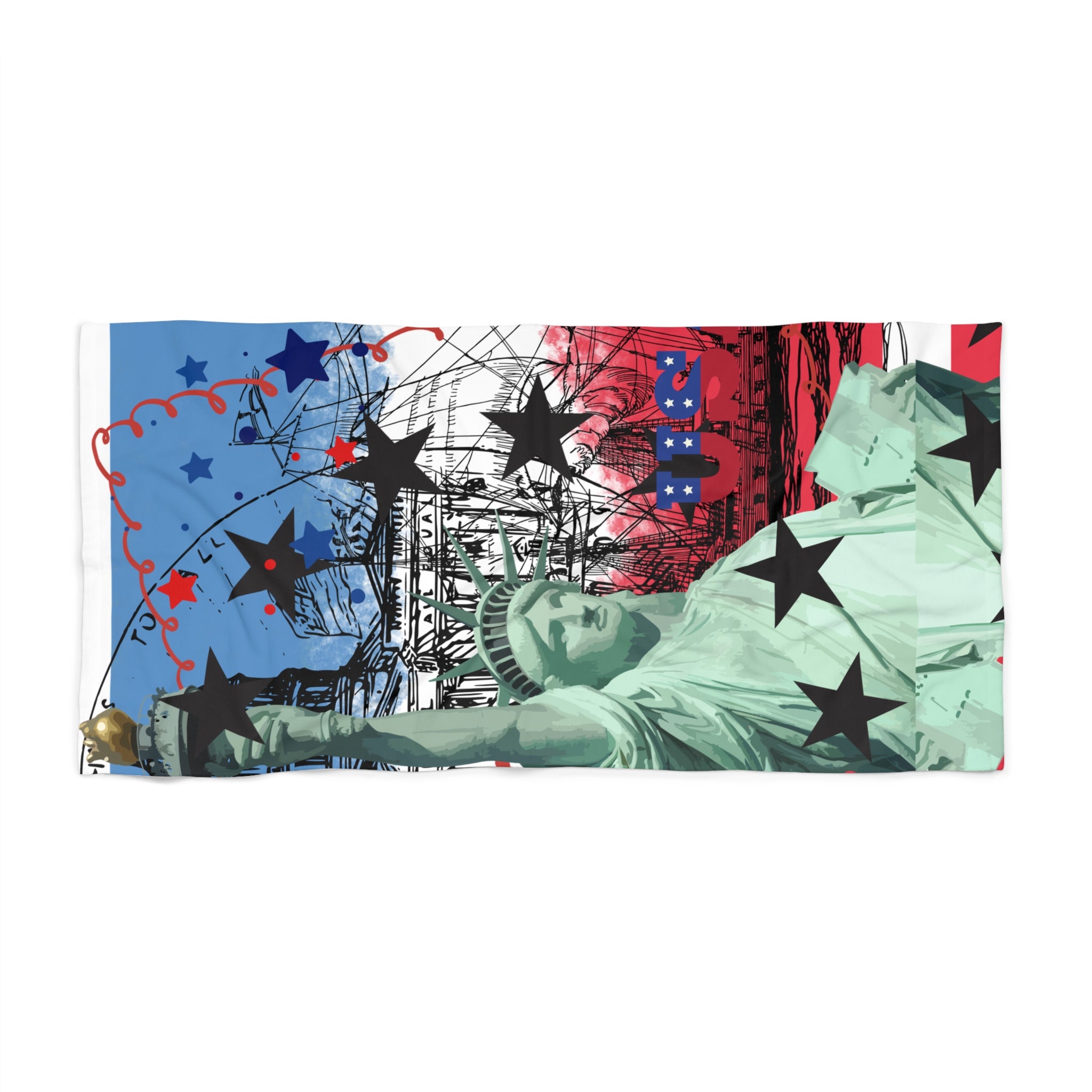 Statue of Liberty Stars Beach Towel — Patriotic Red White Blue Graphic Beach Towel - Creations by Chris and Carlos