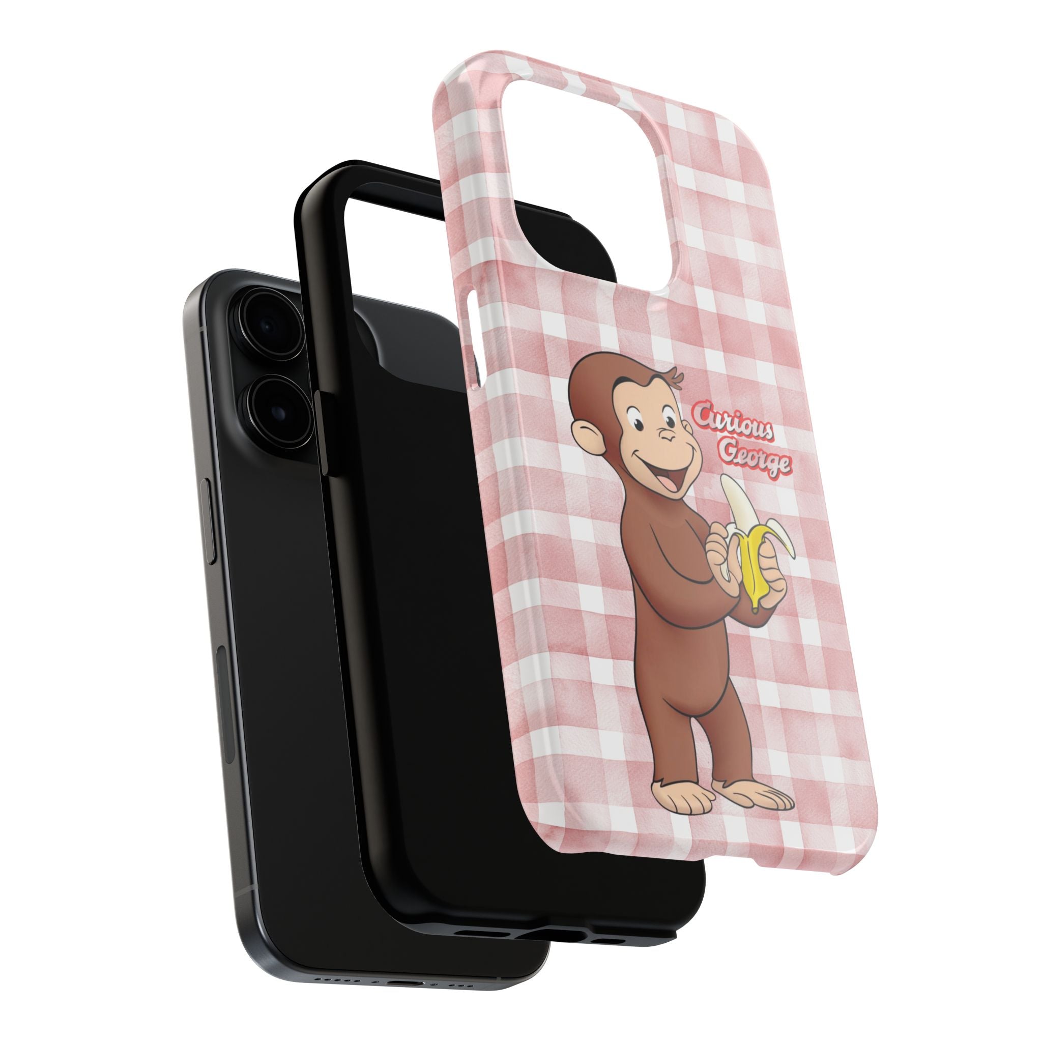 Curious George Banana Tough Phone Case — Cute Kids iPhone Cover, Pink Gingham Protective Case - Creations by Chris and Carlos