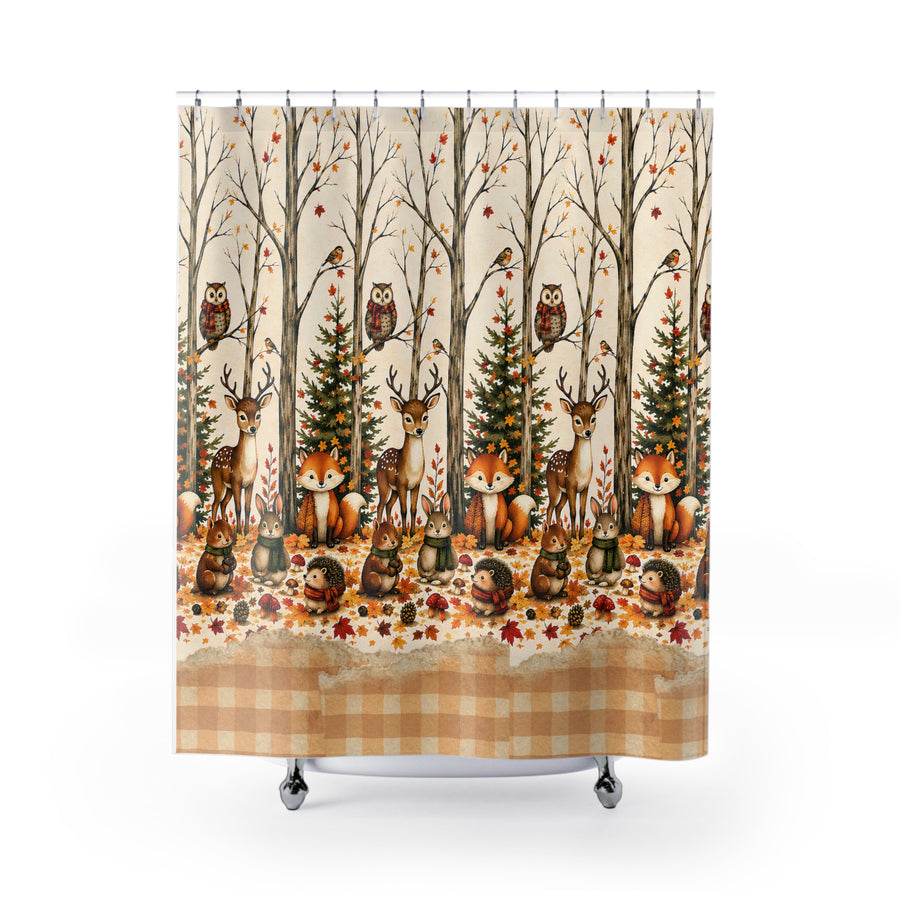 Autumn Woodland Shower Curtain — Deer, Fox & Owl Forest Bath Decor