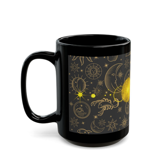 Celestial Gold Moon Phase Mug — Astrological Starry Black Coffee Cup (11oz/15oz) - Creations by Chris and Carlos