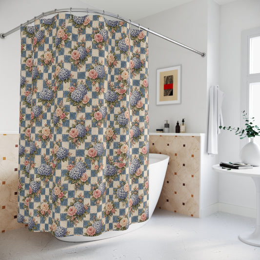 Vintage Floral Patchwork Shower Curtain — Blue Hydrangea & Rose Bathroom Decor - Creations by Chris and Carlos