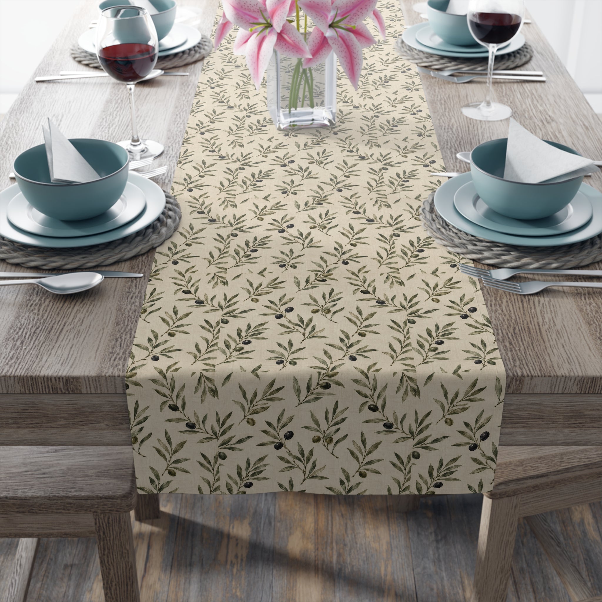 Olive Branch Table Runner — Neutral Botanical Linen-Style Decor - Creations by Chris and Carlos