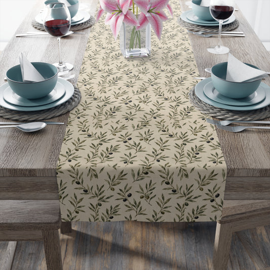 Olive Branch Table Runner — Neutral Botanical Linen-Style Decor - Creations by Chris and Carlos