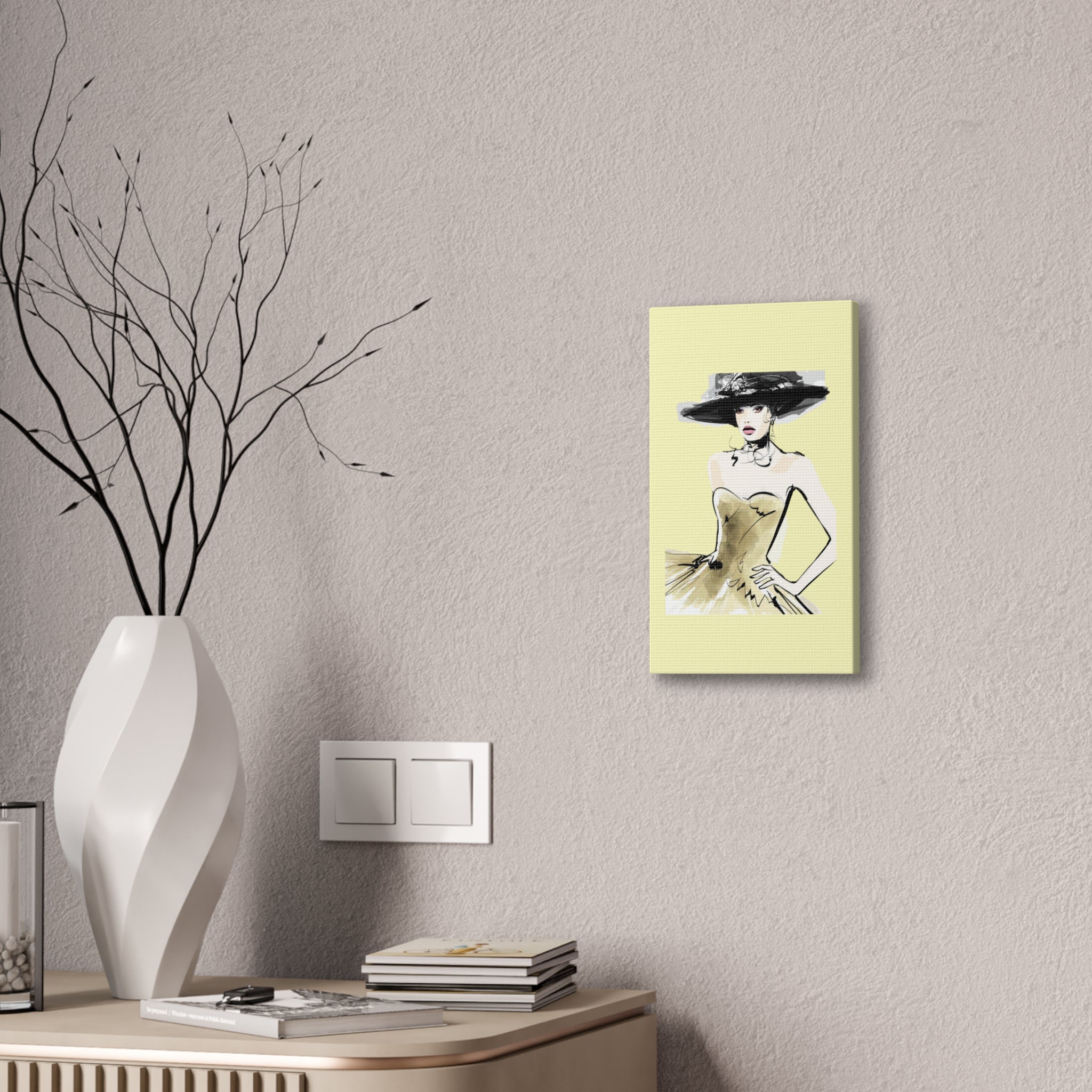 Fashion Illustration Canvas Wall Art - Elegant Woman in Gold Dress (Stretched Canvas) - Creations by Chris and Carlos