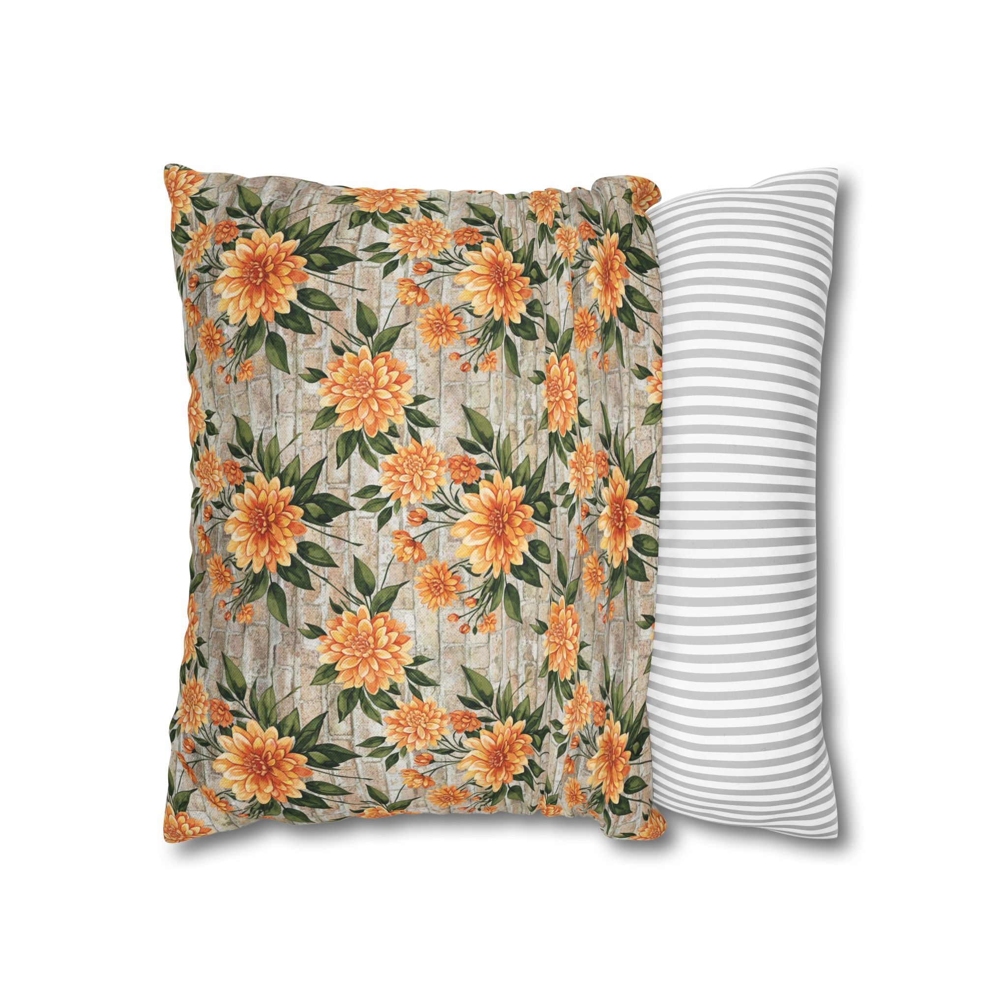 The Artisanal Flora Gallery Floral Sunburst Square Pillowcase — Orange Dahlia Botanical Throw Pillow Cover - Creations by Chris and Carlos