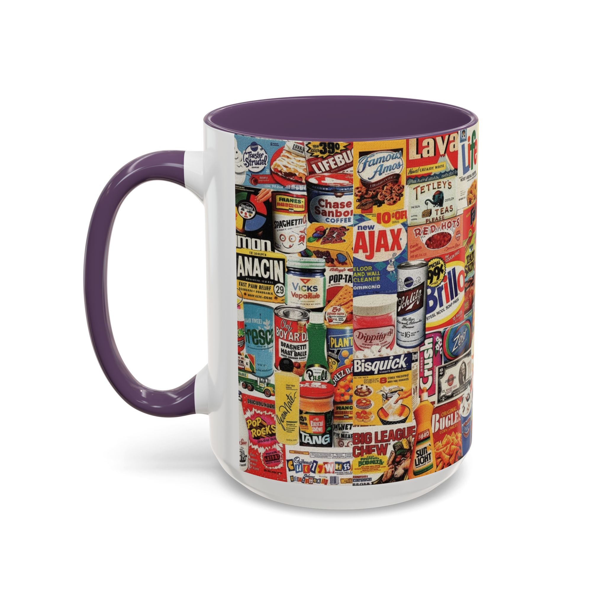 Vintage Retro Ads Coffee Mug — Collage of Classic Brand Labels (11/15oz Accent Mug) - Creations by Chris and Carlos