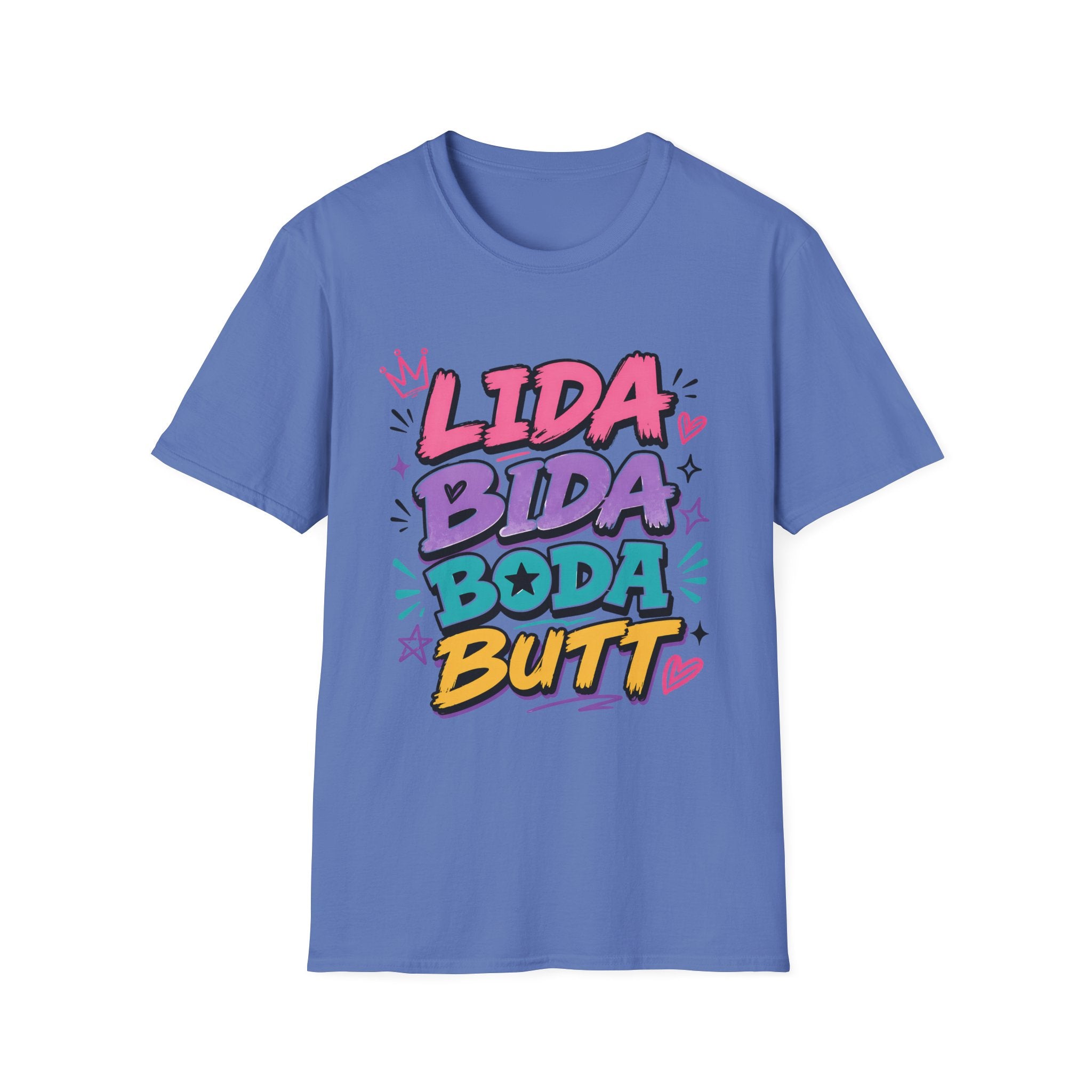 Lida Bida Boda Butt Graphic T-Shirt — TIK TOK FAMOUS Colorful Retro Bubble Letter Tee - Creations by Chris and Carlos