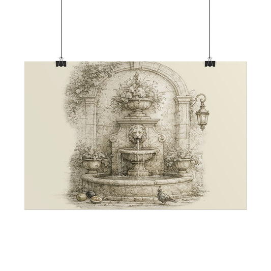 Antique Garden Fountain Poster — Vintage Hand-Drawn Rolled Wall Art - Creations by Chris and Carlos