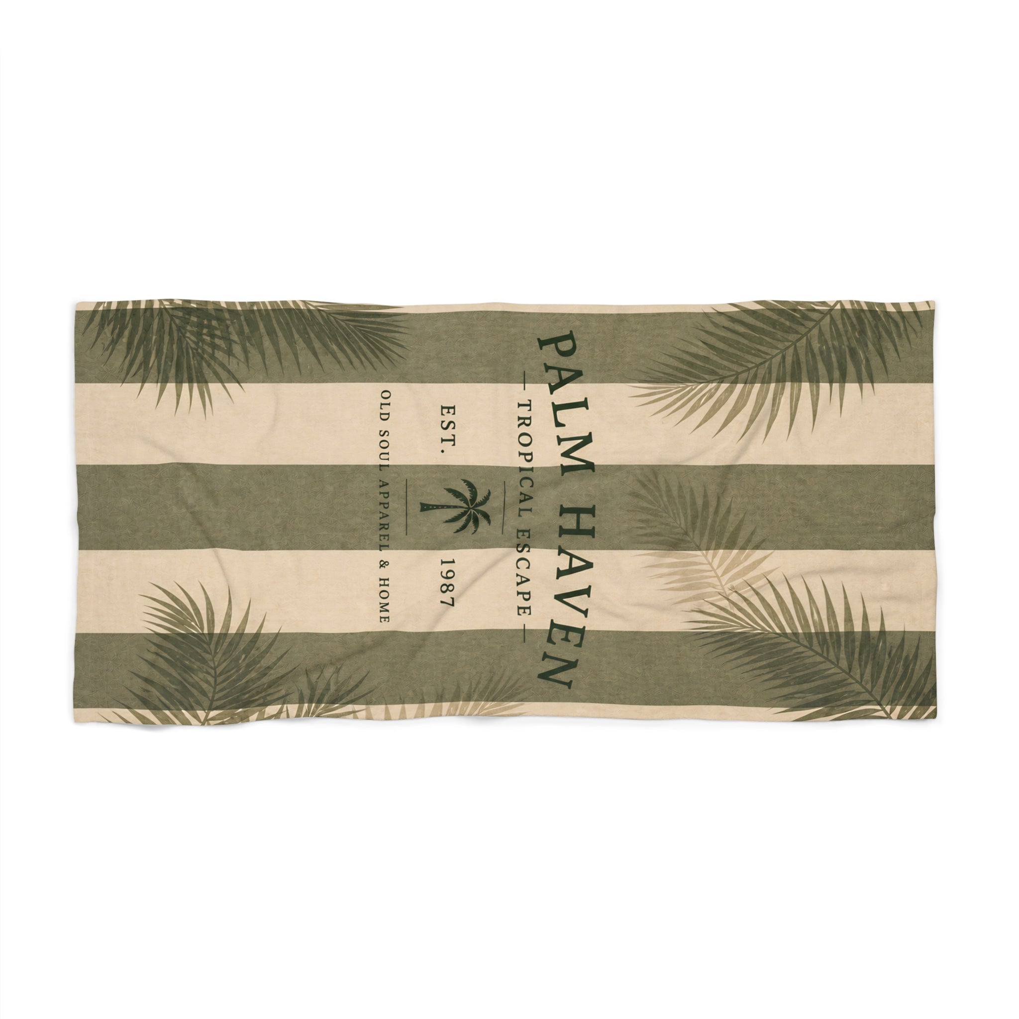 Palm Haven Striped Beach Towel – Tropical Resort Vibes, Palm Leaf Design - Creations by Chris and Carlos