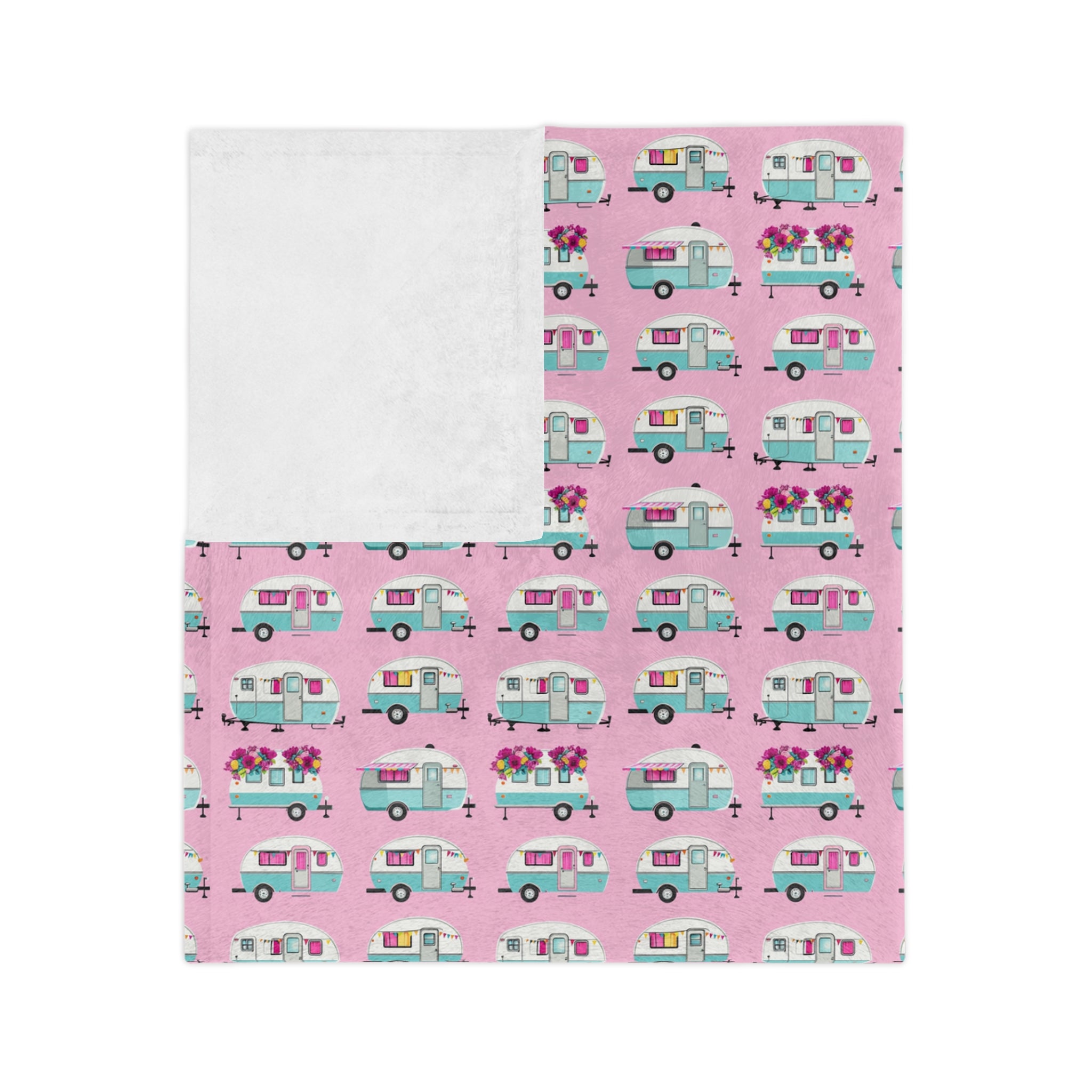 The Sugar Shack- Pink Retro Camper Velveteen Microfiber Blanket Cute Travel Van Pattern Throw - Creations by Chris and Carlos