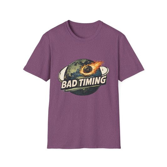 Bad Timing Graphic T-Shirt — Retro Meteor Earth Design - Creations by Chris and Carlos