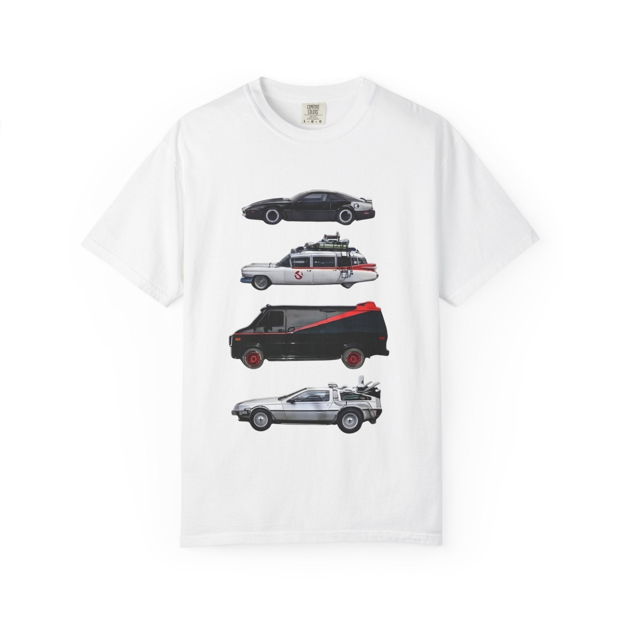 Classic TV Movie Car Stack T-Shirt — KITT, Ghostbusters, A-Team & DeLorean Tribute - Creations by Chris and Carlos