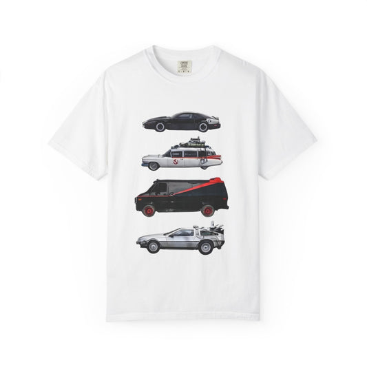 Classic TV Movie Car Stack T-Shirt — KITT, Ghostbusters, A-Team & DeLorean Tribute - Creations by Chris and Carlos
