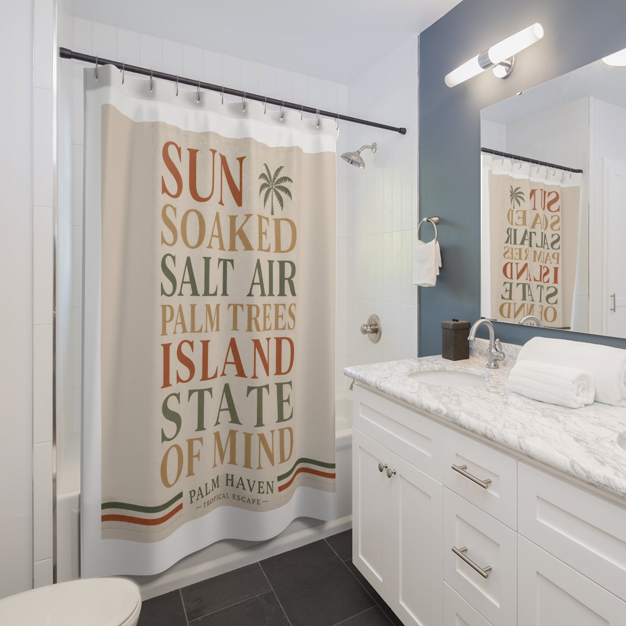 Island State of Mind Shower Curtain — Palm Haven Tropical Beach Quote - Creations by Chris and Carlos