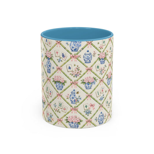 Floral Mahjong Accent Coffee Mug – Pink Interior & Handle, Vintage Chinoiserie Pattern - Creations by Chris and Carlos