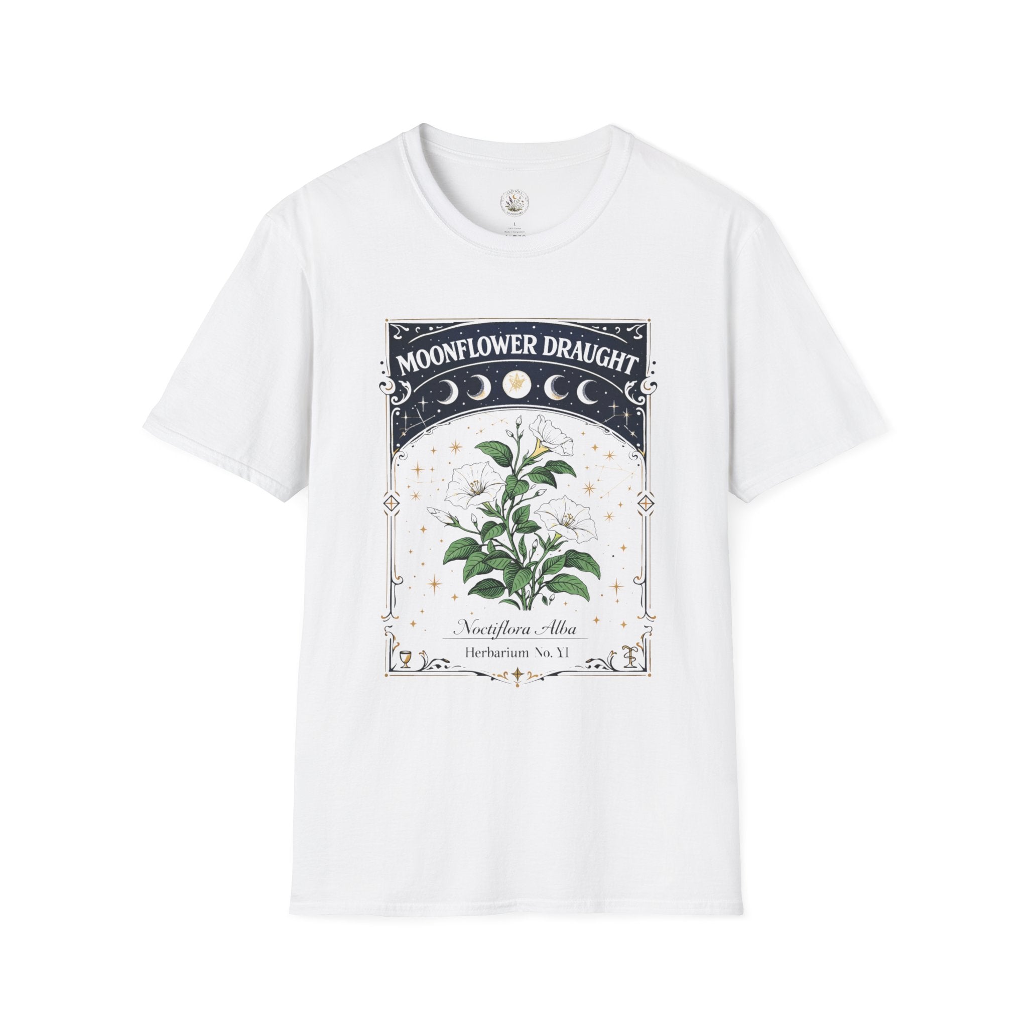 Old Soul Apothecary Moonflower Draught T‑Shirt — Botanical Moon Phase Graphic Tee - Creations by Chris and Carlos