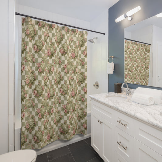 Floral Check Vintage Shower Curtain — Pink Roses & Green Hydrangea Pattern - Creations by Chris and Carlos