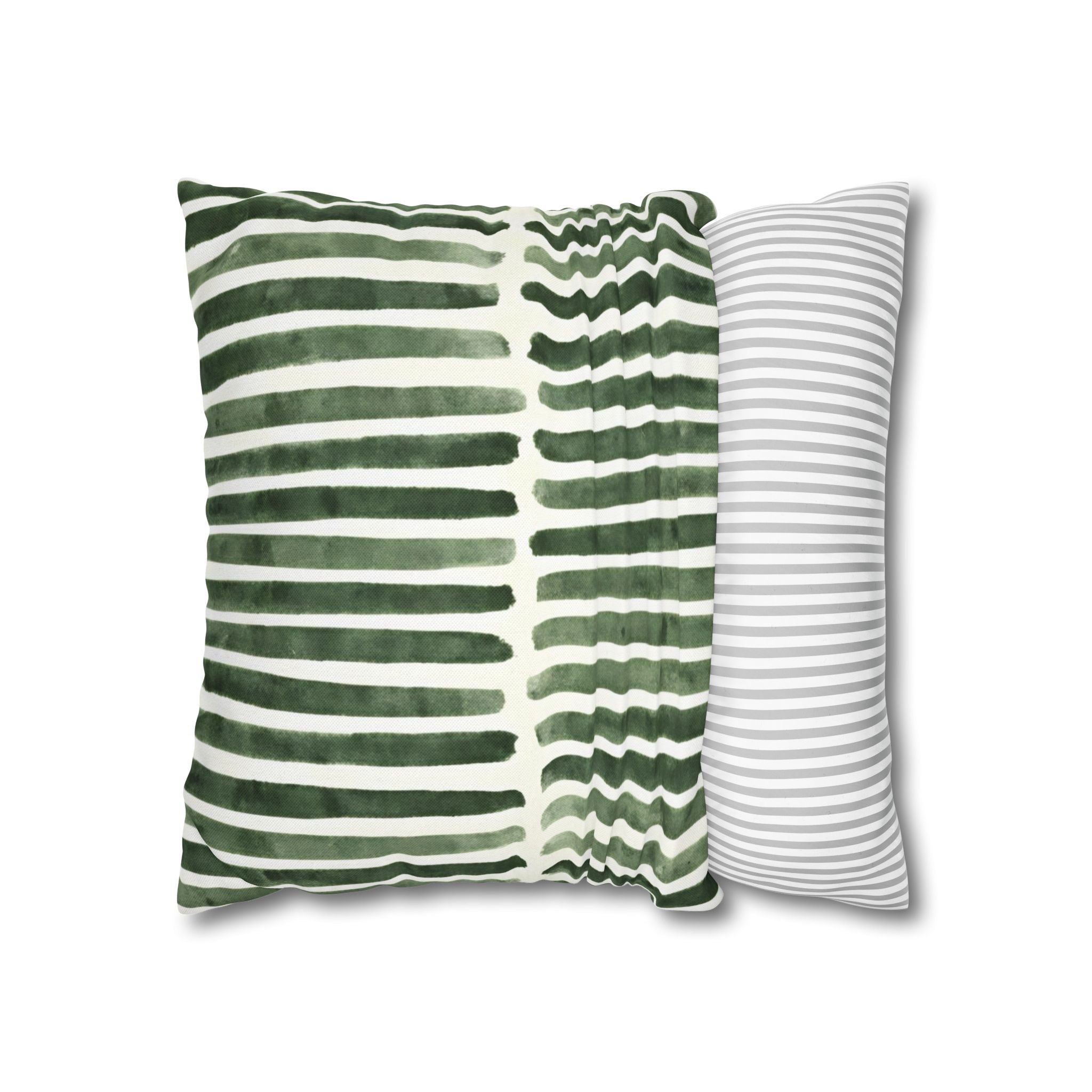 The Artisanal Flora Gallery Green Watercolor Stripe Square Pillowcase — Modern Boho Decorative Throw Pillow Cover - Creations by Chris and Carlos