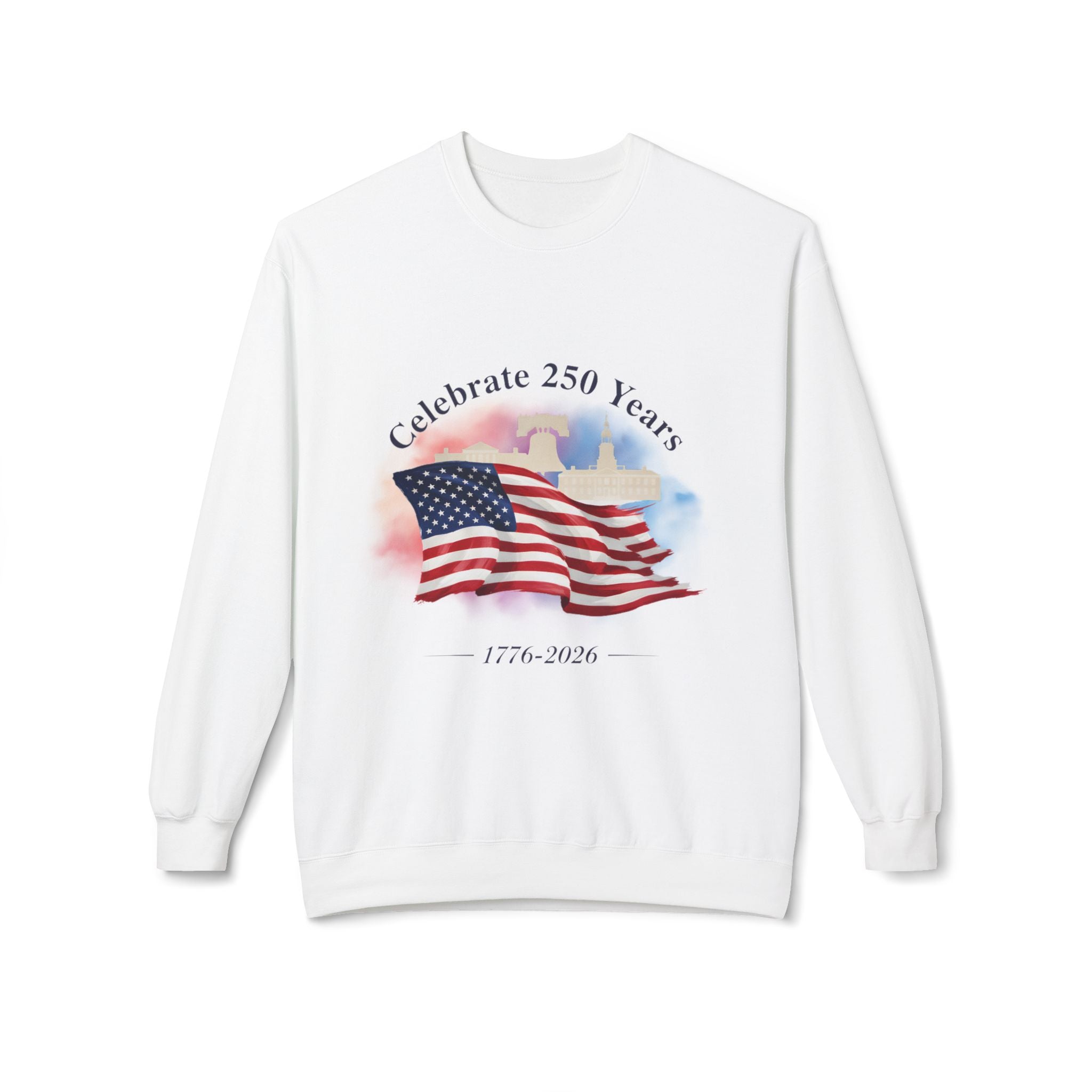 Crewneck Sweatshirt — "Celebrate 250 Years" American Flag 1776–2026 Patriotic Pullover - Creations by Chris and Carlos