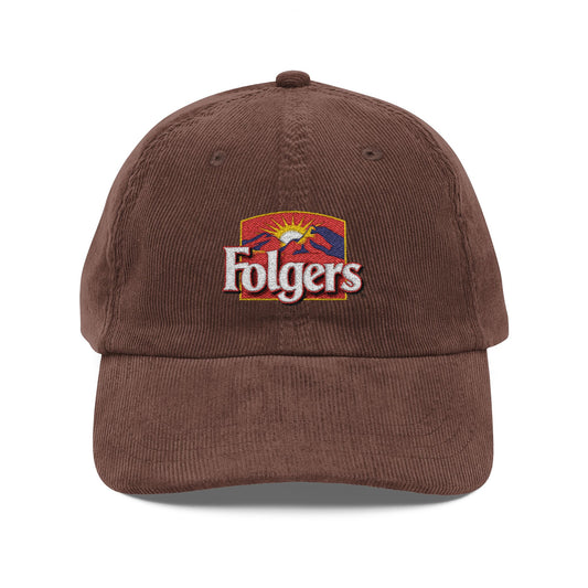 Folgers Coffee Vintage Corduroy Cap — Embroidered Retro Logo Dad Hat - Creations by Chris and Carlos
