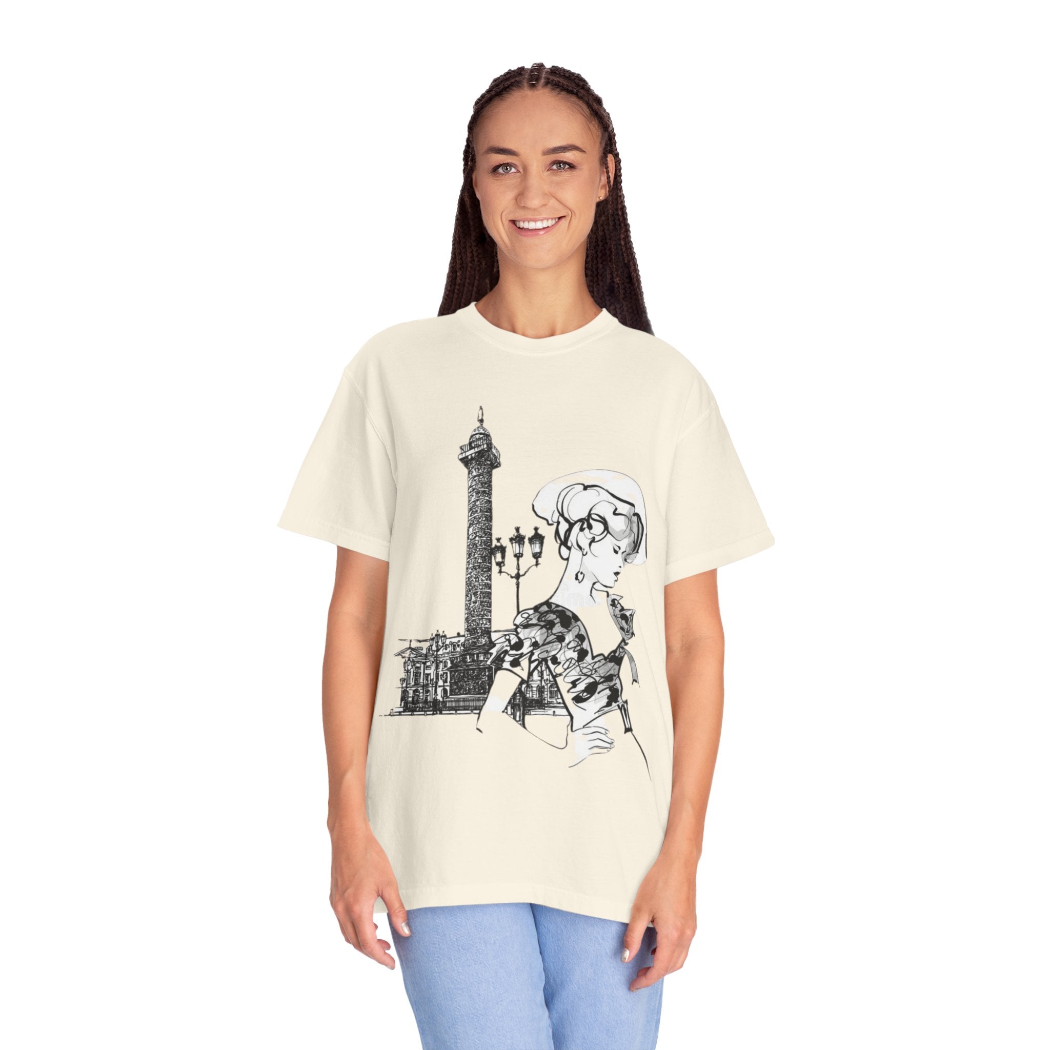 Parisian Vintage Illustration T-Shirt — Eiffel Tower & Chic Lady Tee - Creations by Chris and Carlos