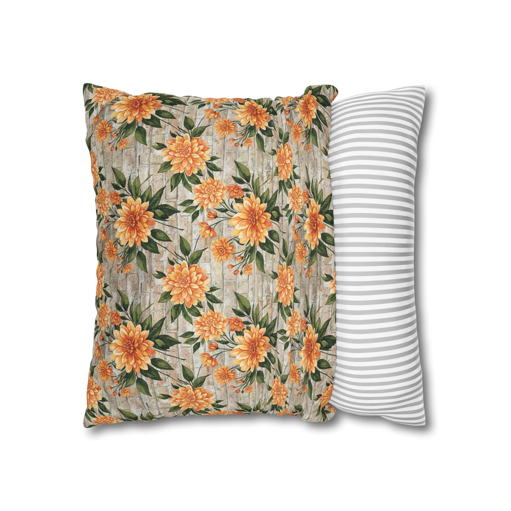 The Artisanal Flora Gallery Floral Sunburst Square Pillowcase — Orange Dahlia Botanical Throw Pillow Cover - Creations by Chris and Carlos