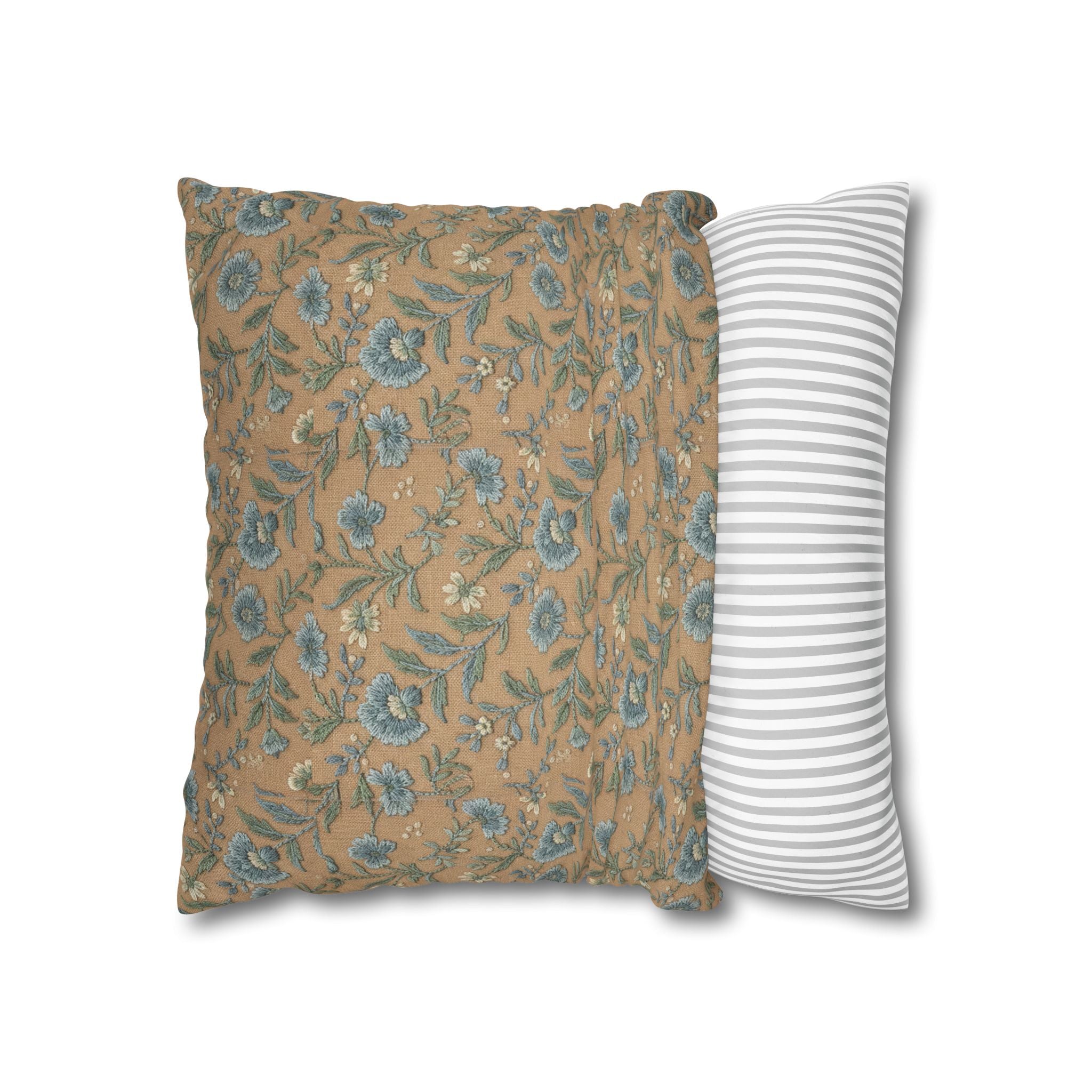 Plumstead Manor Geometric Vintage Floral Pillowcase — Blue Beige Botanical Square Pillow - Creations by Chris and Carlos