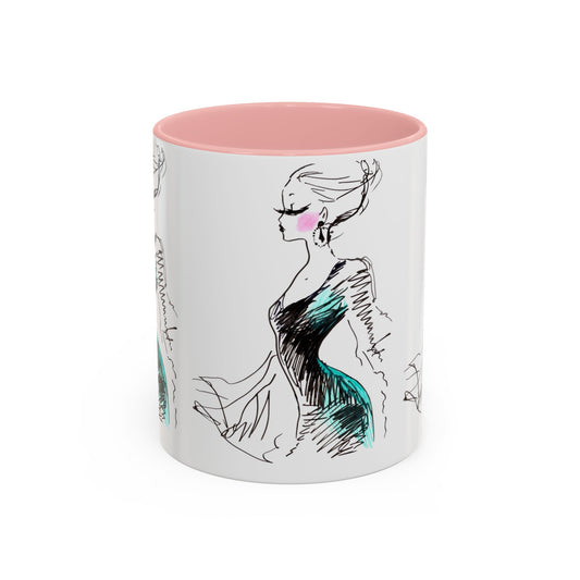 Fashion Sketch Accent Coffee Mug — Chic Hand-Drawn Dress Illustration (11/15 oz) - Creations by Chris and Carlos