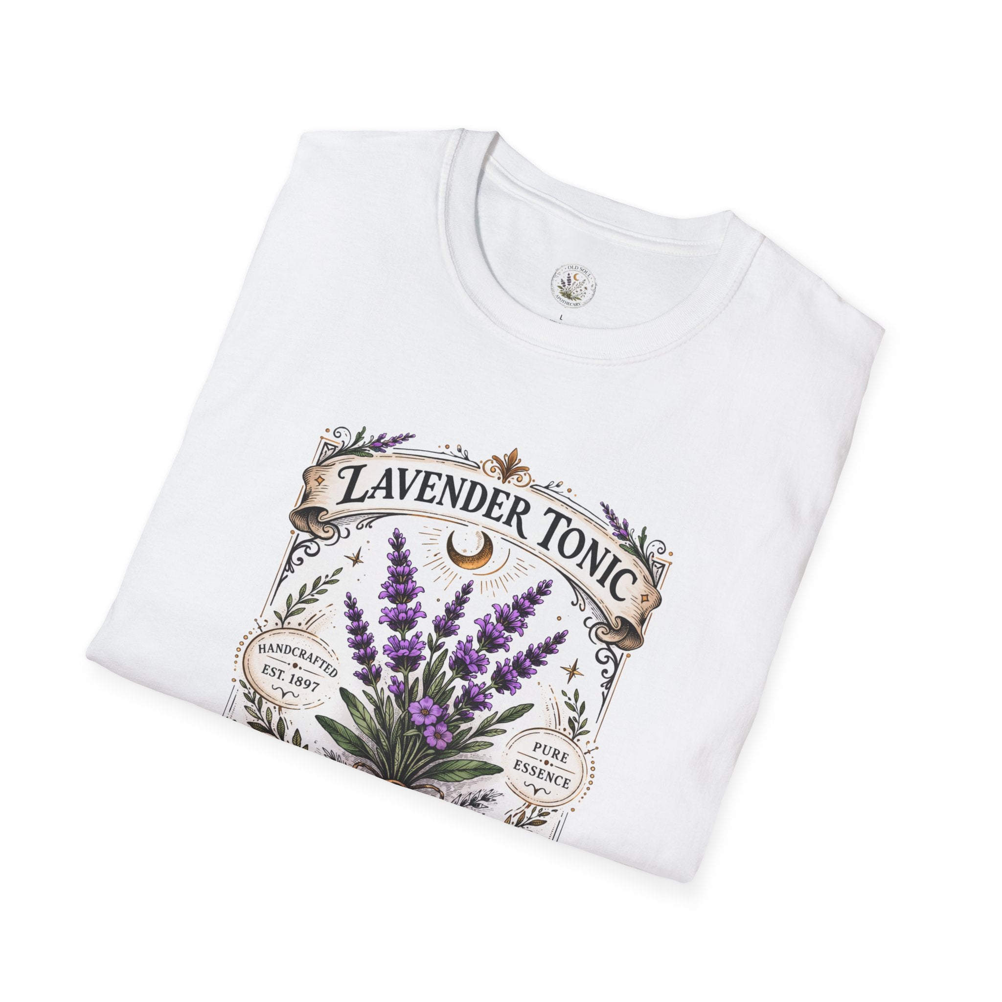 Old Soul Apothecary Lavender Tonic Botanical Tee — Vintage Herbal Label Shirt - Creations by Chris and Carlos