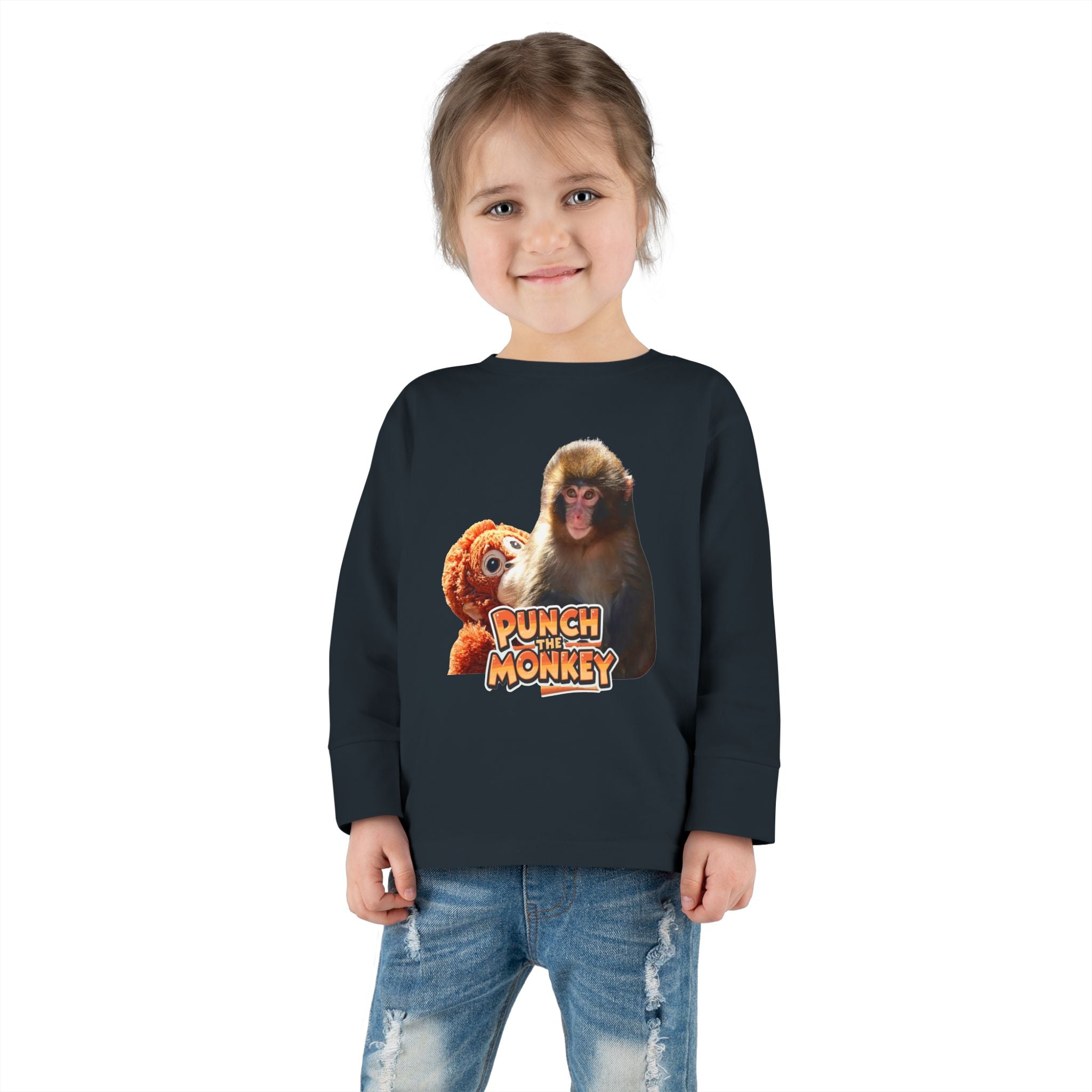 Punch Monkey Toddler Long Sleeve Tee Cute Monkey & Plush Character Shirt for Kids - Creations by Chris and Carlos