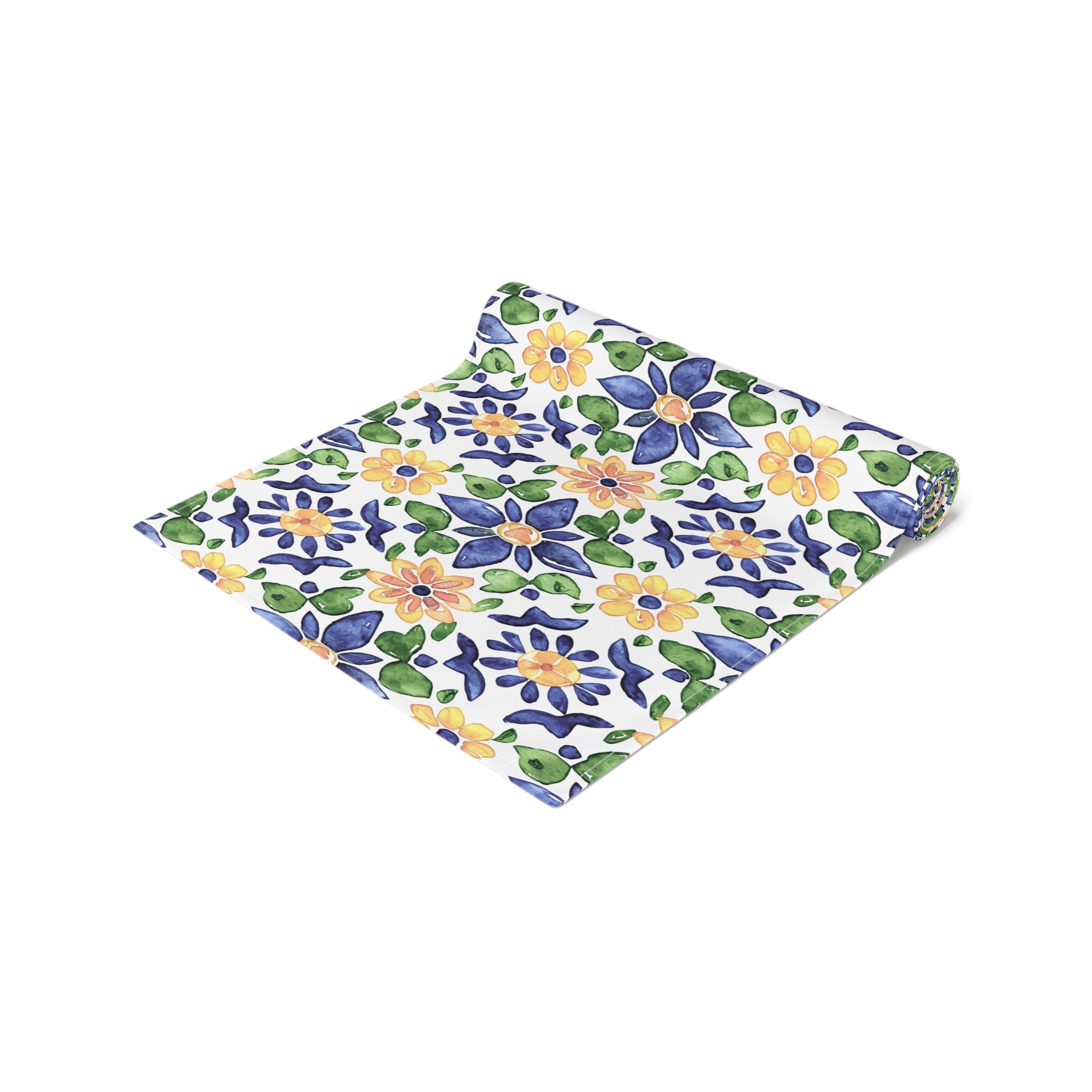Sol y Alegría (Sun and Joy) Collection- Cactus Succulent Pattern Microfiber Blanket Soft Velveteen Throw for Home & Garden Lovers Floral Tile Table Runner — Blue & Yellow Mediterranean Pattern - Creations by Chris and Carlos