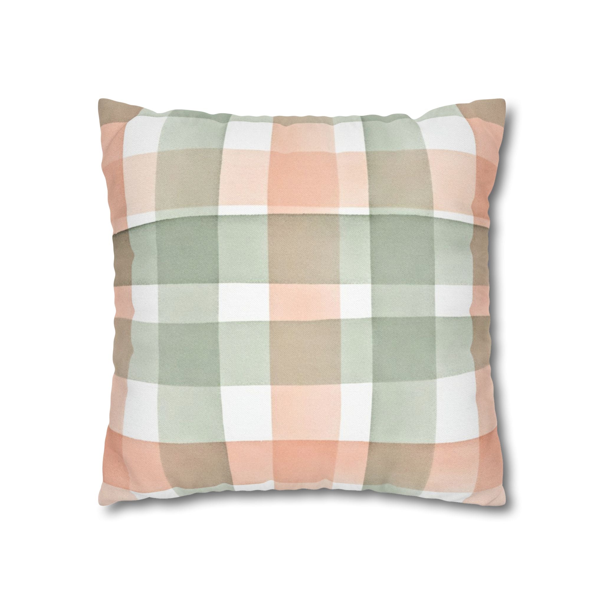 The Artisanal Flora Gallery Pastel Buffalo Check Pillowcase — Peach & Sage Plaid Square Pillow Cover - Creations by Chris and Carlos