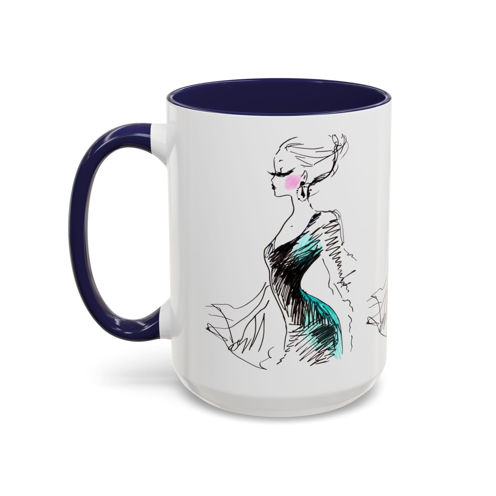 Fashion Sketch Accent Coffee Mug — Chic Hand-Drawn Dress Illustration (11/15 oz) - Creations by Chris and Carlos