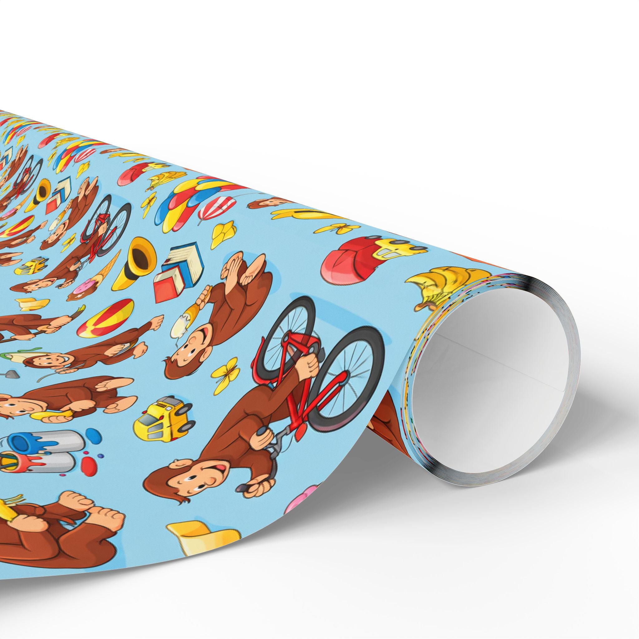 Wrapping Paper Roll — Playful Curious George Monkey Pattern Gift Wrap (Blue) - Creations by Chris and Carlos