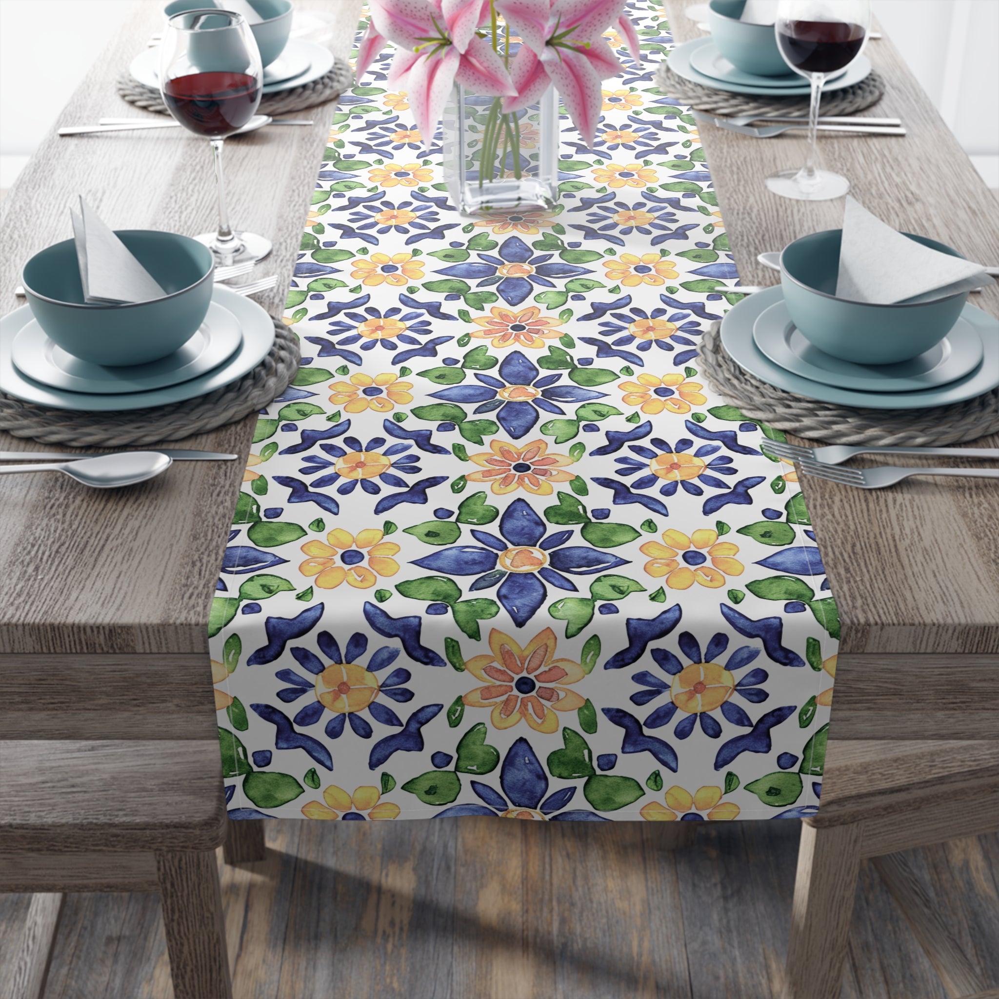 Sol y Alegría (Sun and Joy) Collection- Cactus Succulent Pattern Microfiber Blanket Soft Velveteen Throw for Home & Garden Lovers Floral Tile Table Runner — Blue & Yellow Mediterranean Pattern - Creations by Chris and Carlos