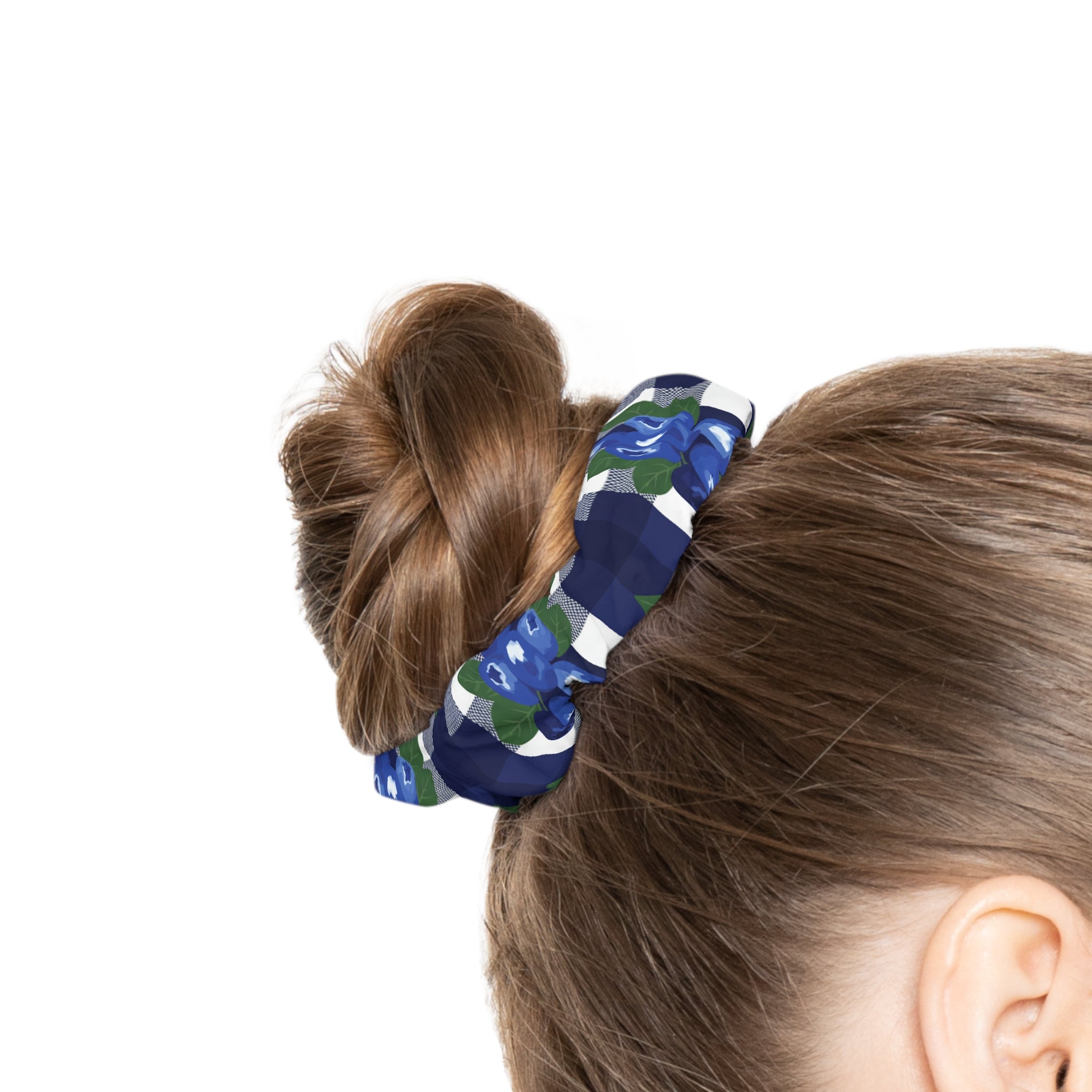 Blue Floral Gingham Scrunchie — Plaid Hair Tie with Indigo Blossoms - Creations by Chris and Carlos