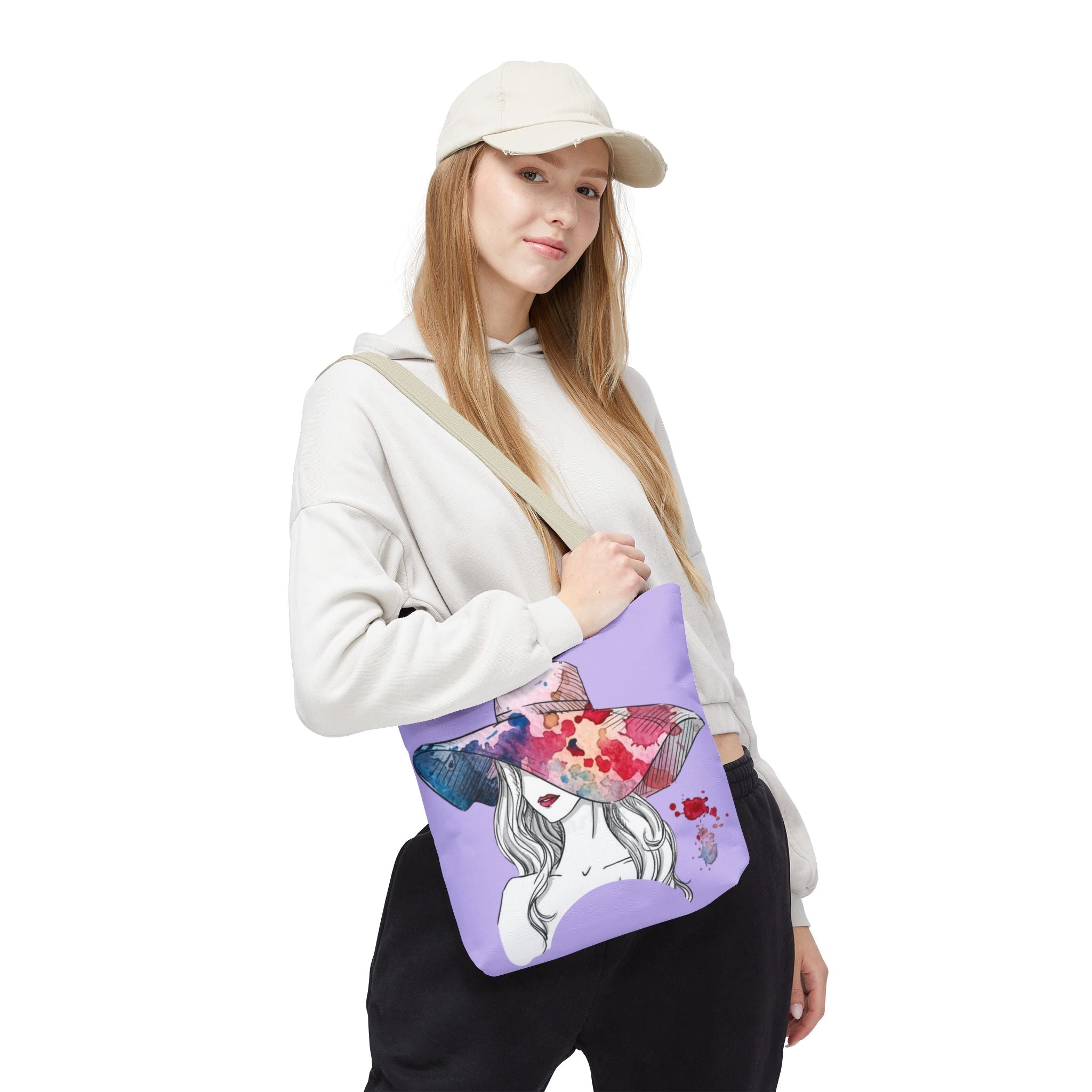 Floral Watercolor Sunhat Tote Bag — Fashionable Illustrated Woman Beach Tote - Creations by Chris and Carlos