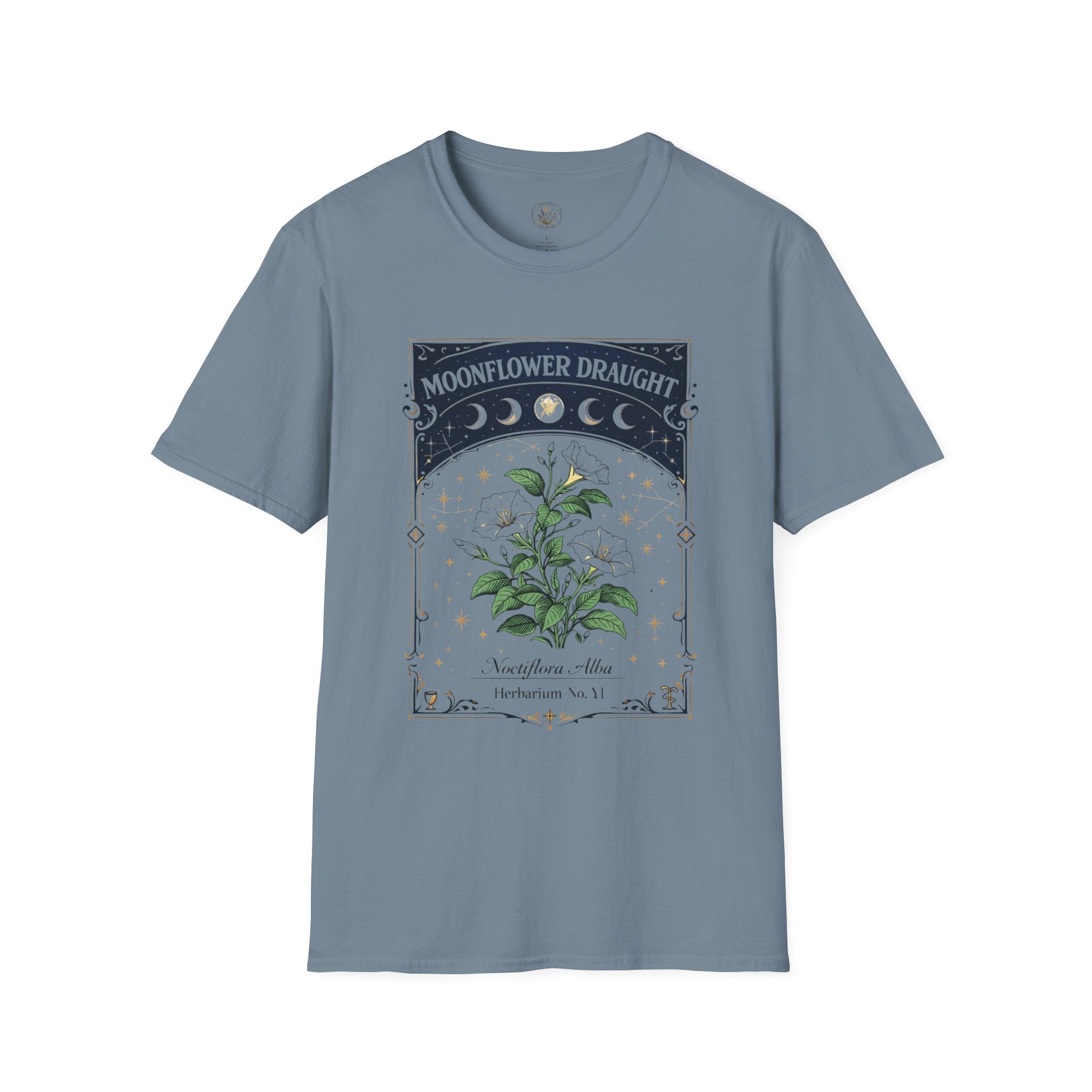 Old Soul Apothecary Moonflower Draught T‑Shirt — Botanical Moon Phase Graphic Tee - Creations by Chris and Carlos