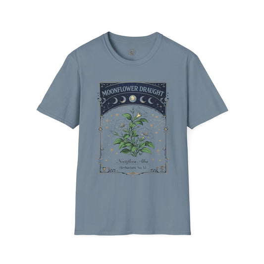 Old Soul Apothecary Moonflower Draught T‑Shirt — Botanical Moon Phase Graphic Tee - Creations by Chris and Carlos