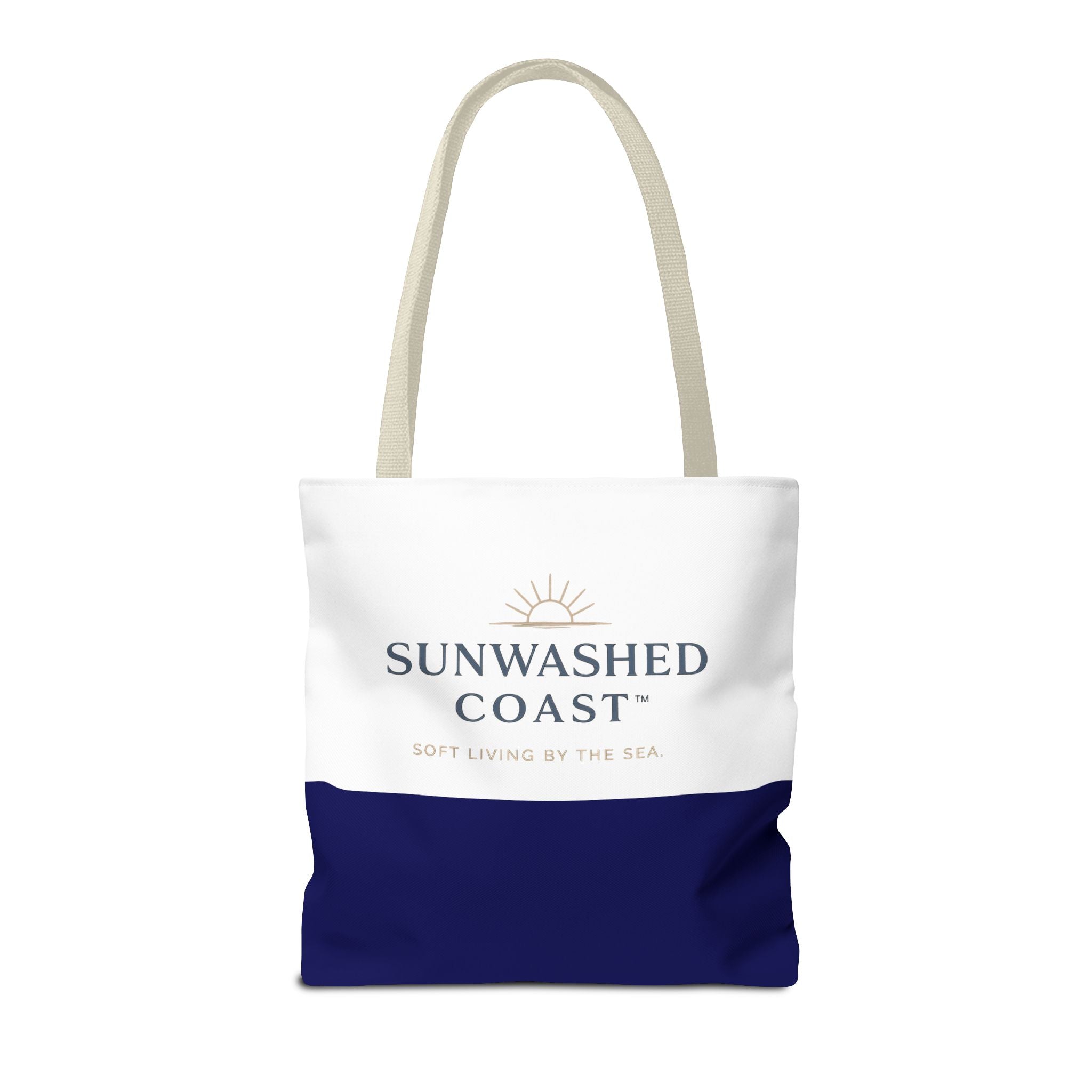 Sunwashed Coast Tote Bag — Coastal Canvas Beach Tote with 'Soft Living by the Sea' Logo - Creations by Chris and Carlos