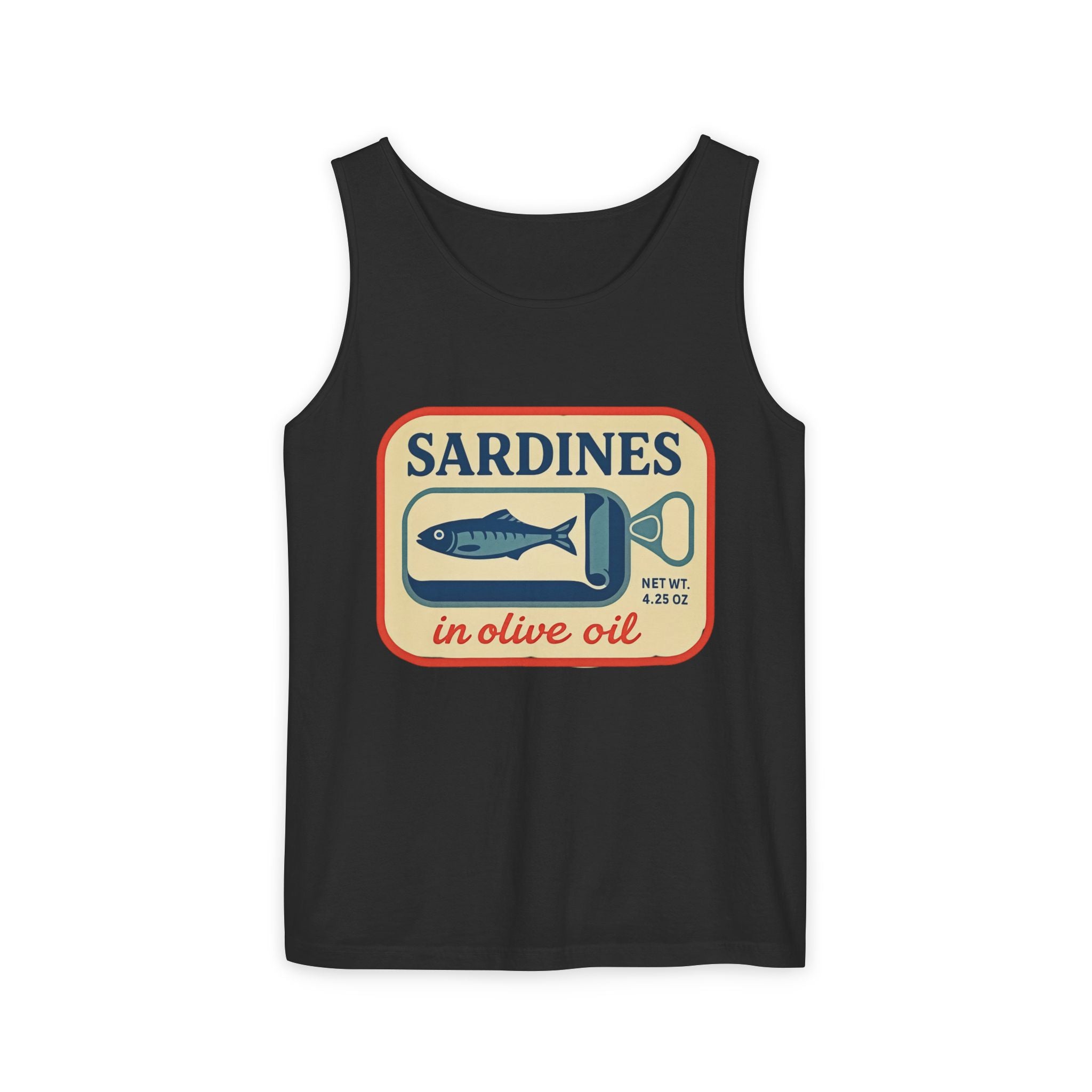 Sardines in Olive Oil Tank Top — Retro Seafood Can Graphic - Creations by Chris and Carlos