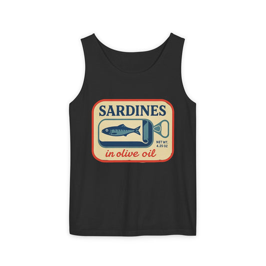 Sardines in Olive Oil Tank Top — Retro Seafood Can Graphic - Creations by Chris and Carlos
