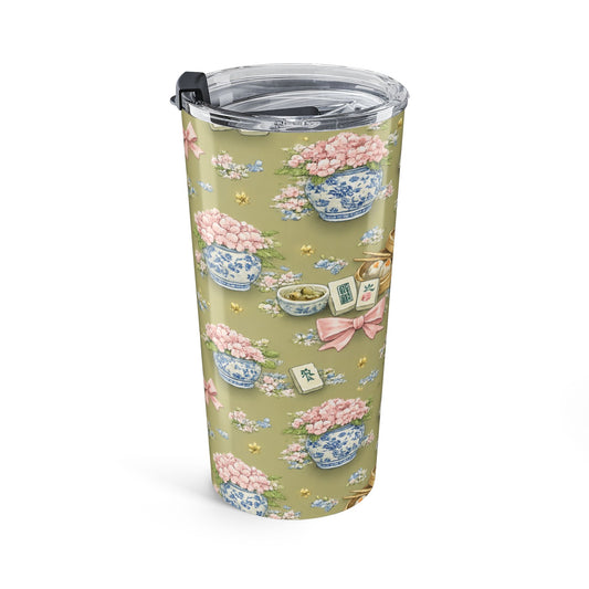 20oz Floral Mahjong Tumbler — Vintage Hydrangea & Mahjong Tile Travel Cup - Creations by Chris and Carlos